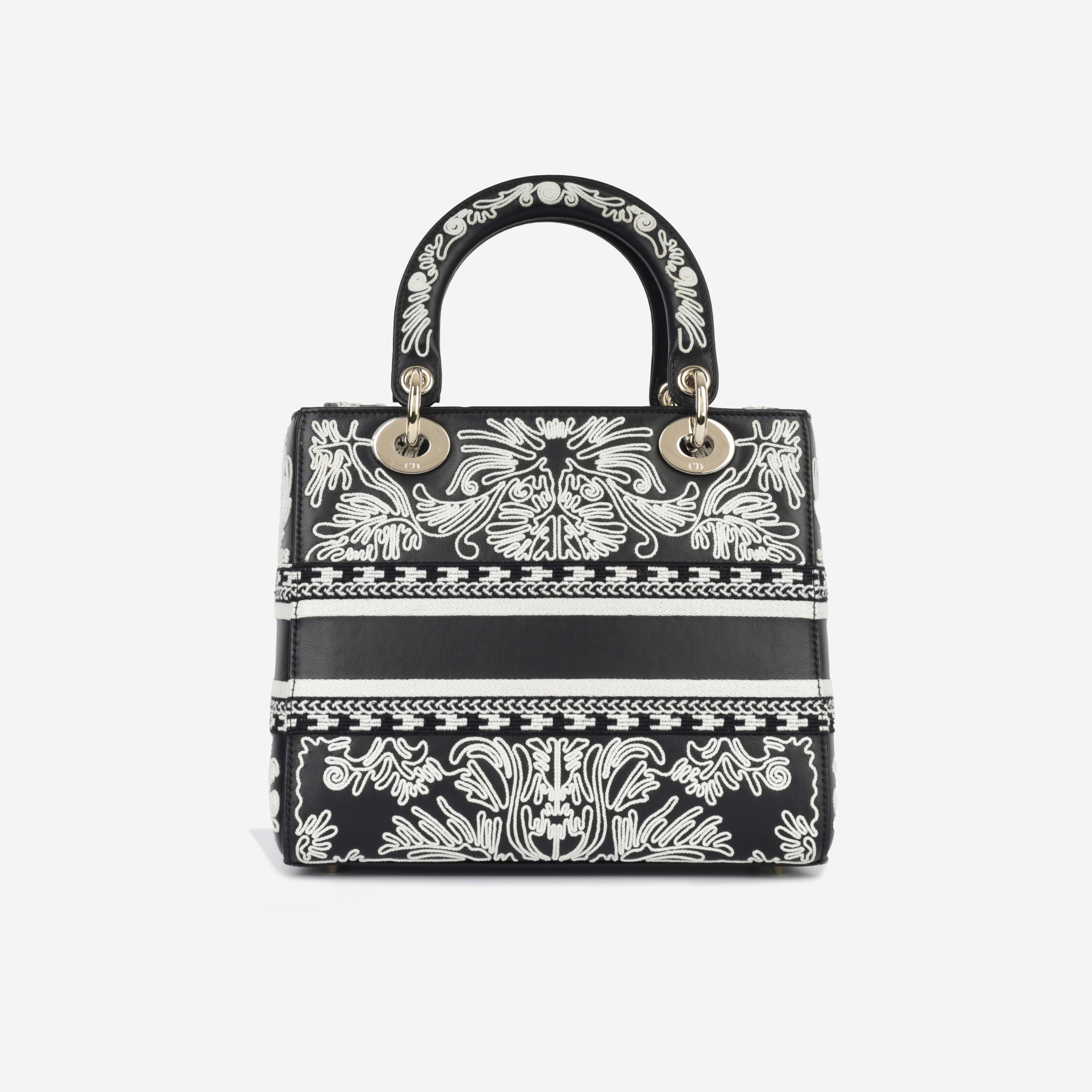 Dior Medium Lady Dior - Black Calfskin / Cornelly White Embroidered | Champagne Gold Hardware