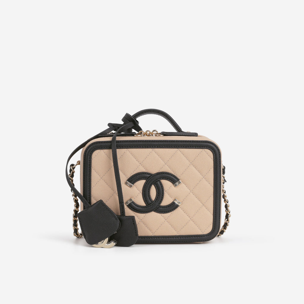 Chanel Small Filigree CC Vanity Case - Beige/Black Caviar | Champagne Gold Hardware