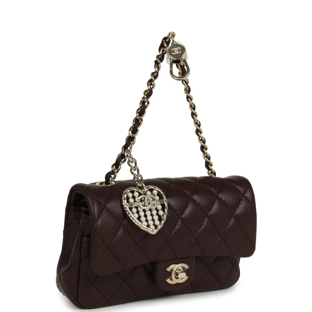 Chanel Nano Classic Double Flap Bag Charm Dark Brown Lambskin Light Gold Hardware