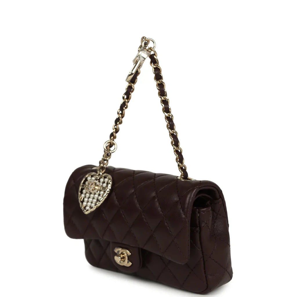 Chanel Nano Classic Double Flap Bag Charm Dark Brown Lambskin Light Gold Hardware