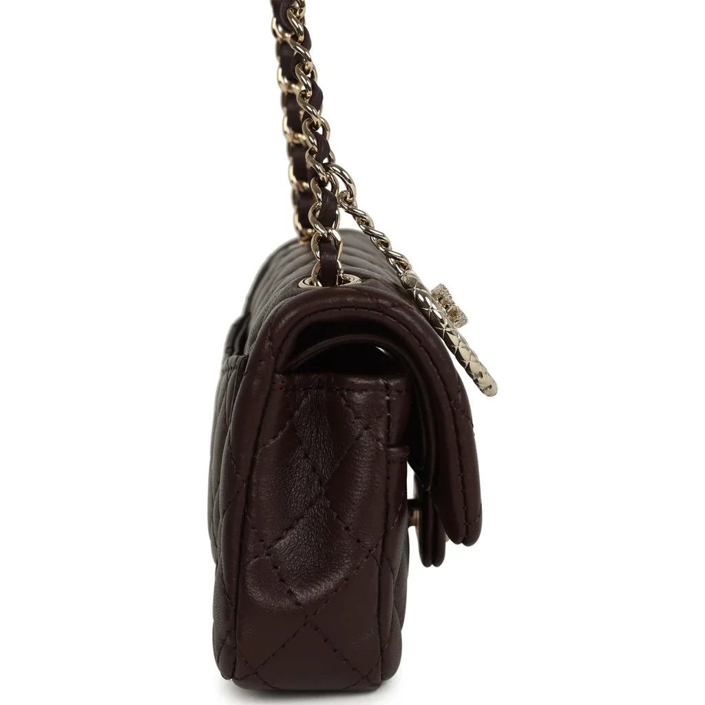 Chanel Nano Classic Double Flap Bag Charm Dark Brown Lambskin Light Gold Hardware