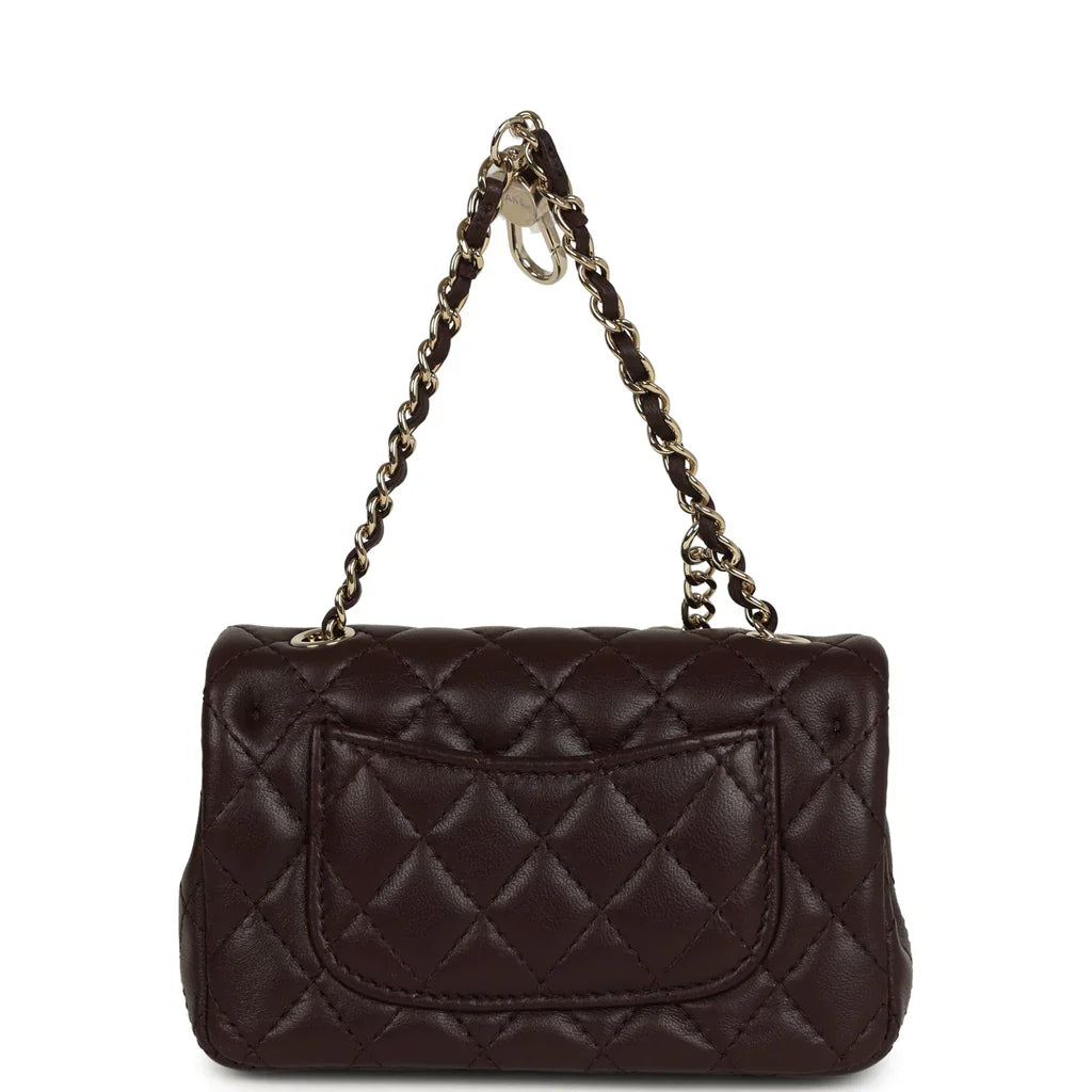 Chanel Nano Classic Double Flap Bag Charm Dark Brown Lambskin Light Gold Hardware