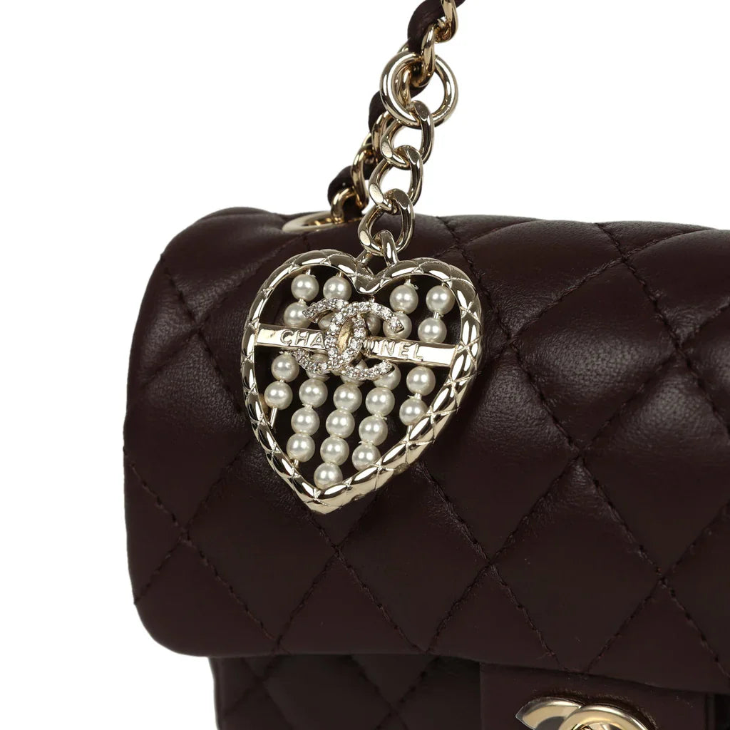 Chanel Nano Classic Double Flap Bag Charm Dark Brown Lambskin Light Gold Hardware