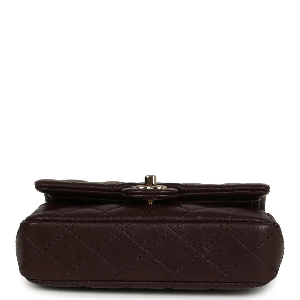 Chanel Nano Classic Double Flap Bag Charm Dark Brown Lambskin Light Gold Hardware