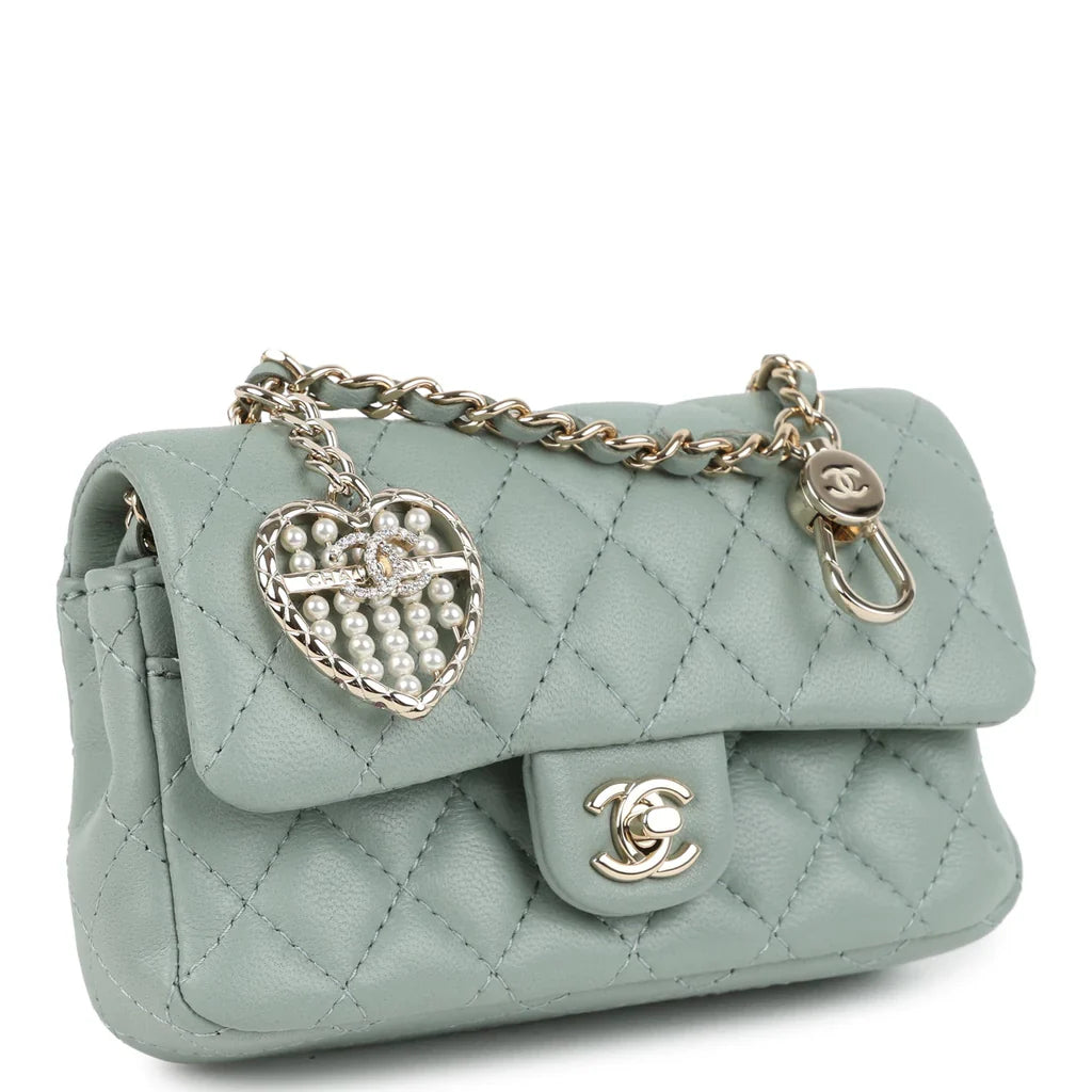 Chanel Nano Classic Double Flap Bag Charm Dark Green Lambskin Light Gold Hardware