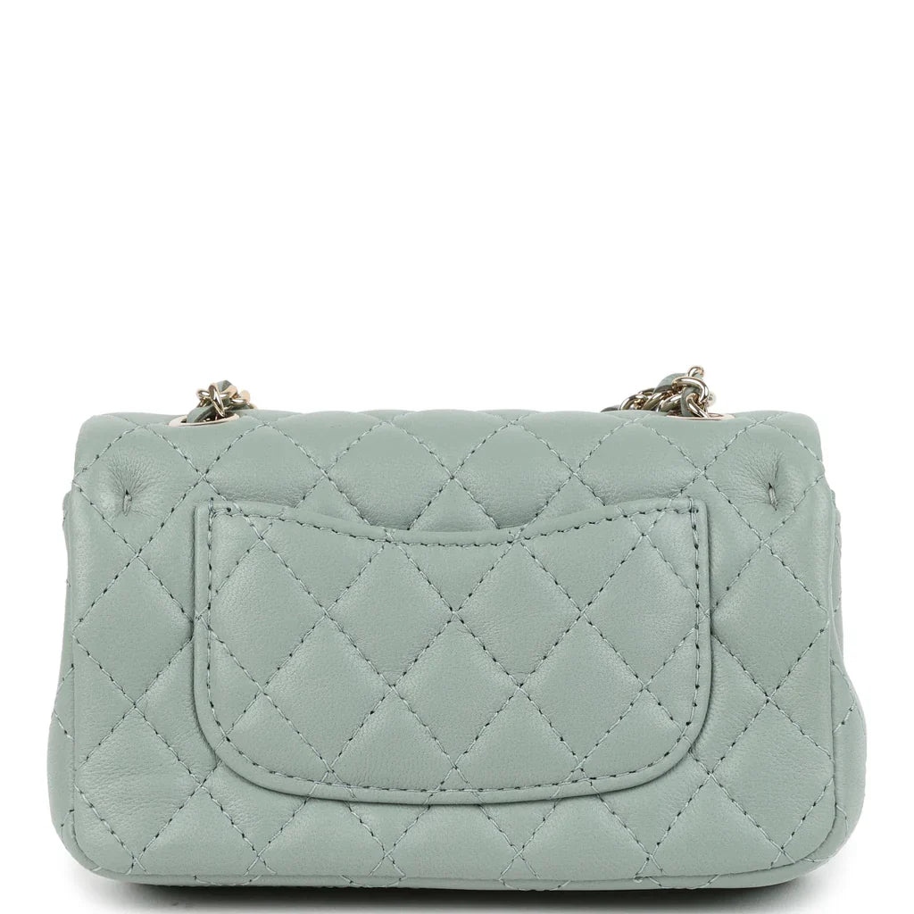 Chanel Nano Classic Double Flap Bag Charm Dark Green Lambskin Light Gold Hardware