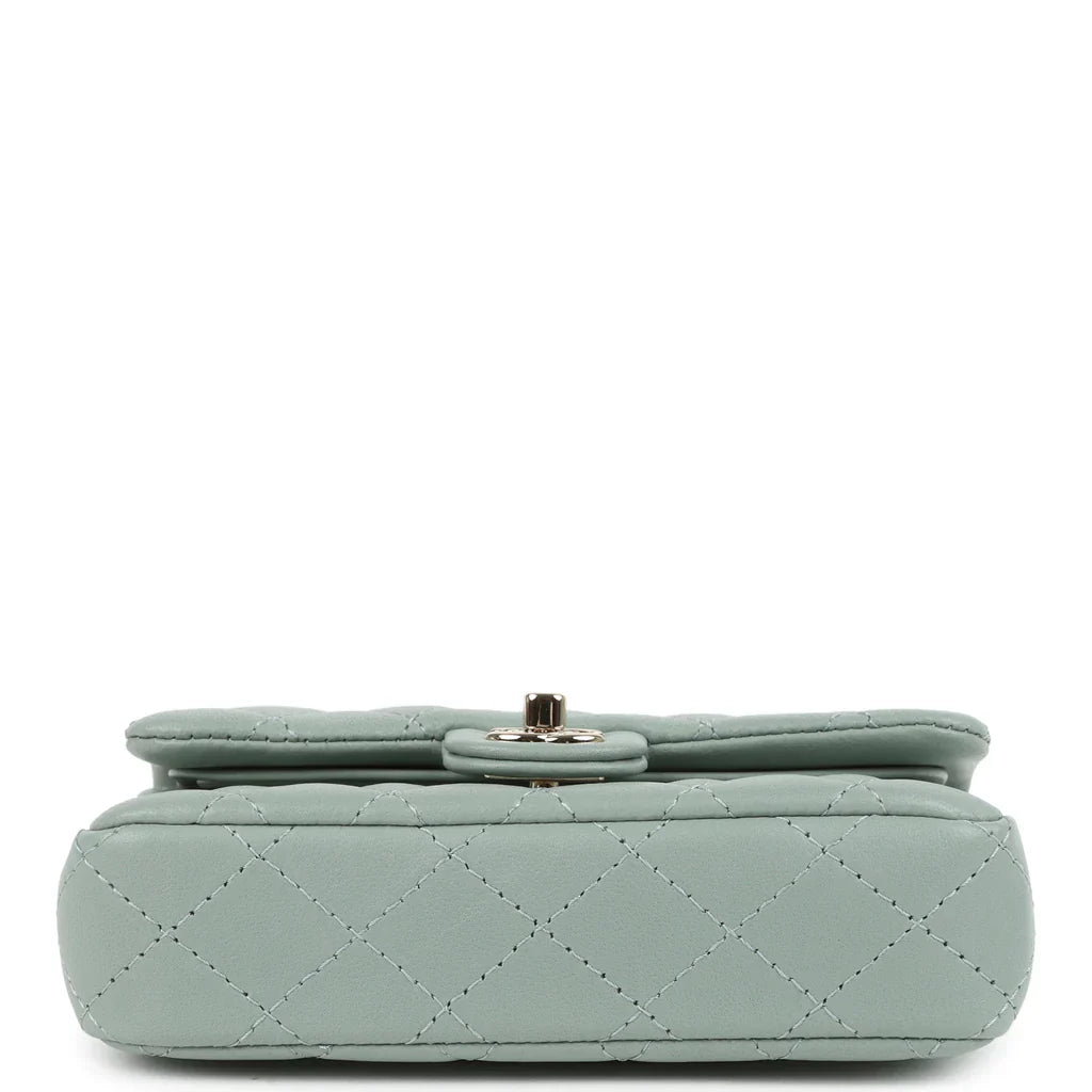 Chanel Nano Classic Double Flap Bag Charm Dark Green Lambskin Light Gold Hardware