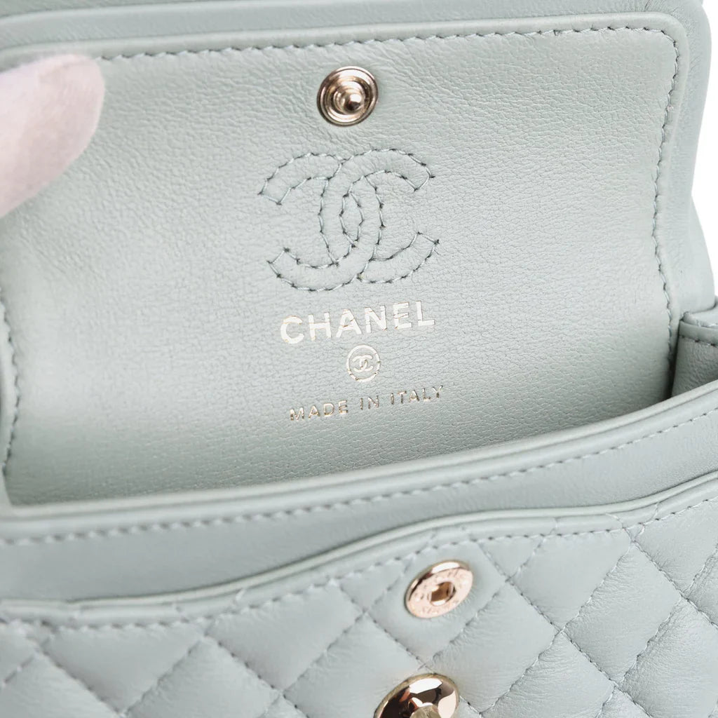 Chanel Nano Classic Double Flap Bag Charm Dark Green Lambskin Light Gold Hardware