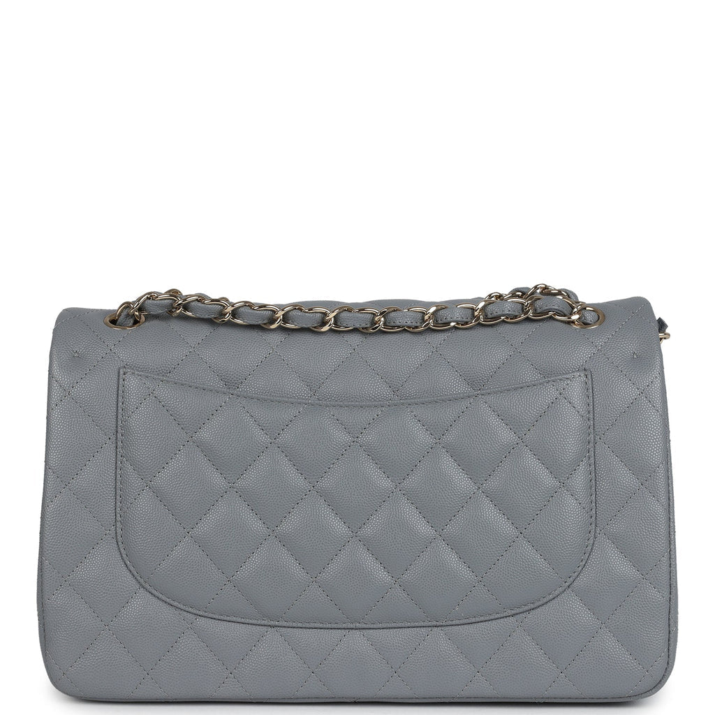 Chanel Jumbo Classic Double Flap Bag Light Grey Shiny Caviar Light Gold Hardware