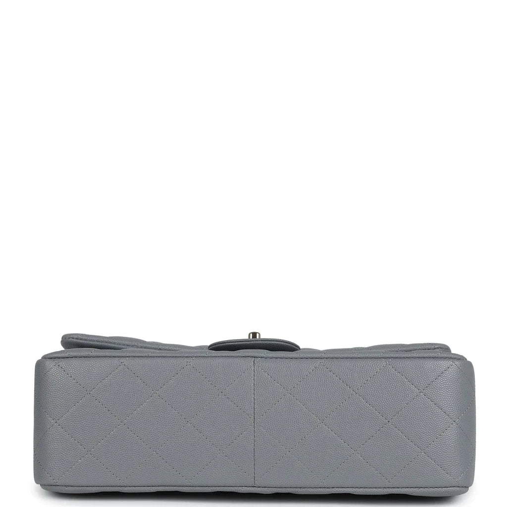 Chanel Jumbo Classic Double Flap Bag Light Grey Shiny Caviar Light Gold Hardware