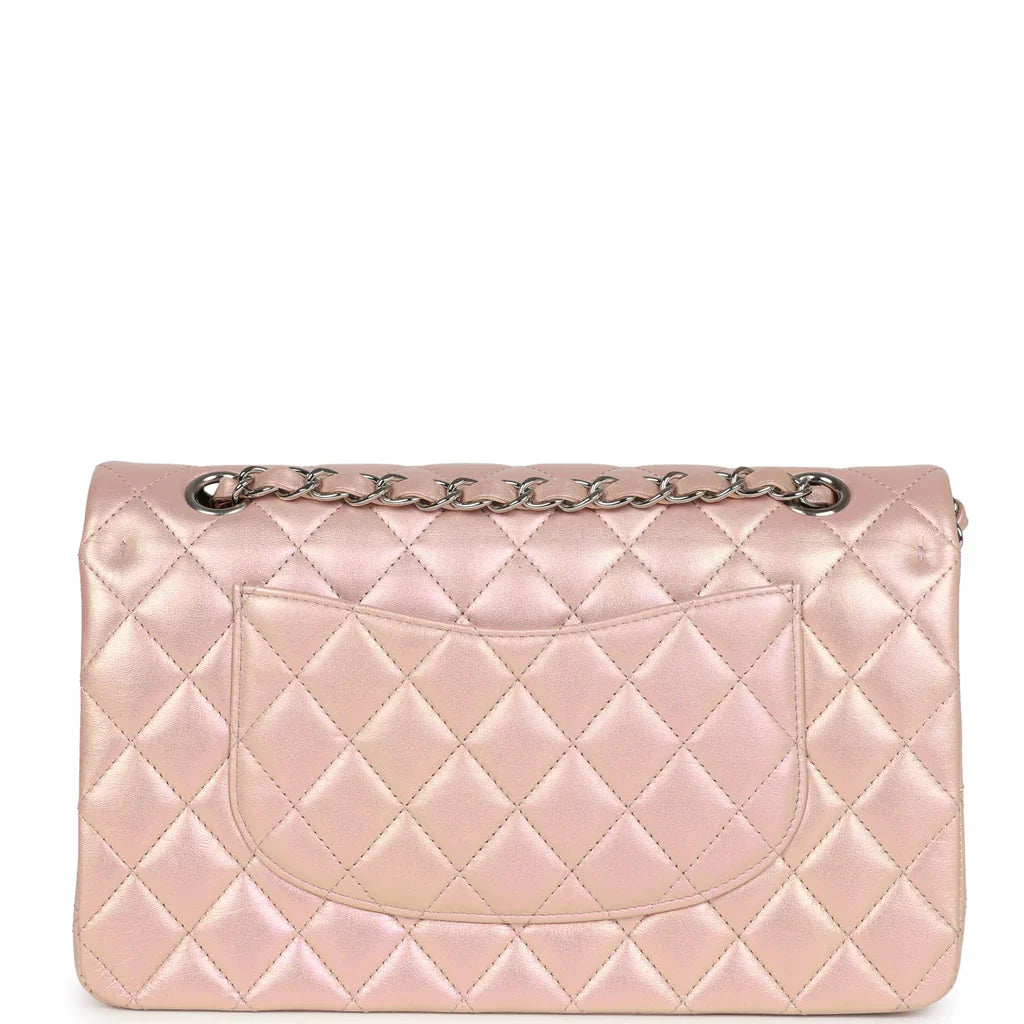 Chanel Medium Classic Double Flap Bag Pink Iridescent Lambskin Silver Hardware