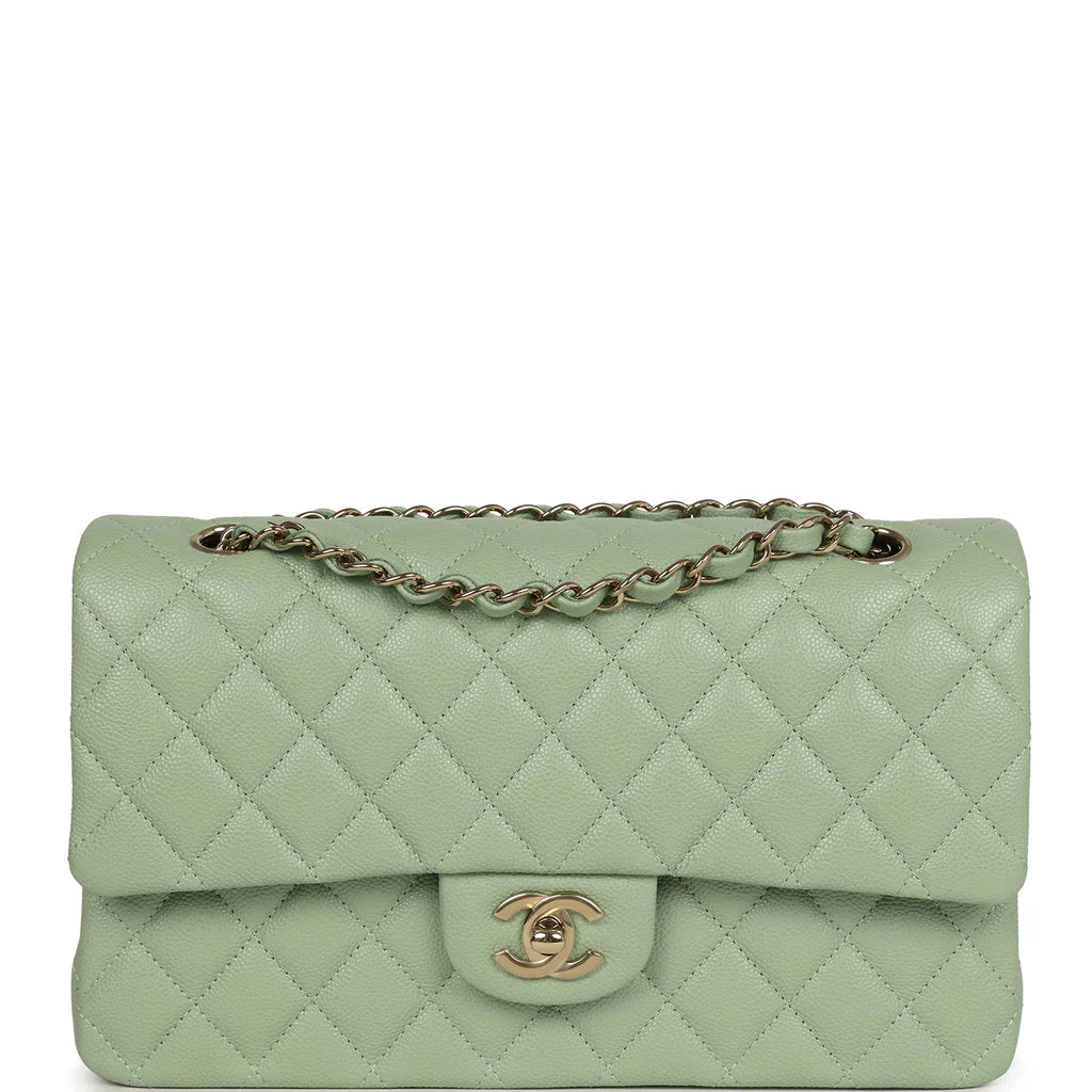 Chanel Medium Classic Double Flap Bag Light Green Caviar Light Gold Hardware