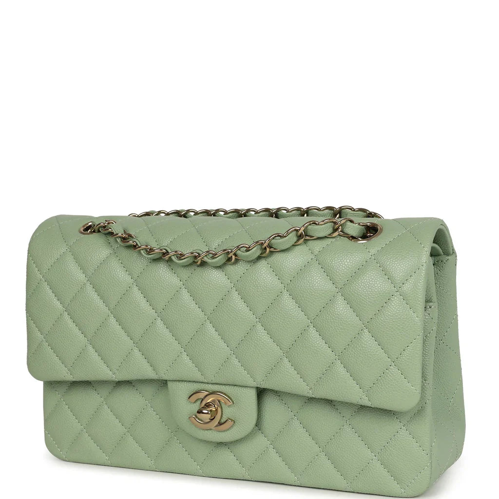 Chanel Medium Classic Double Flap Bag Light Green Caviar Light Gold Hardware