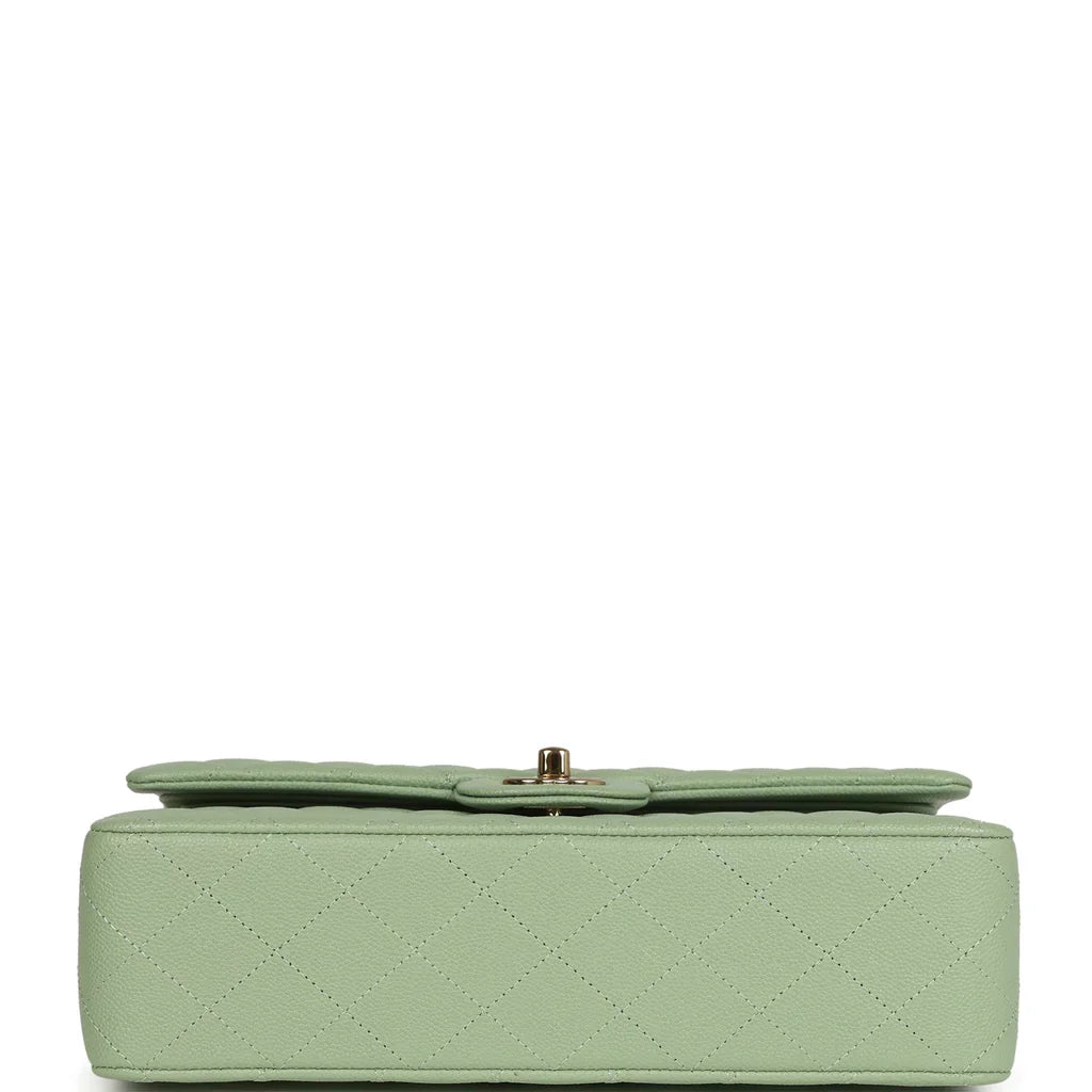 Chanel Medium Classic Double Flap Bag Light Green Caviar Light Gold Hardware