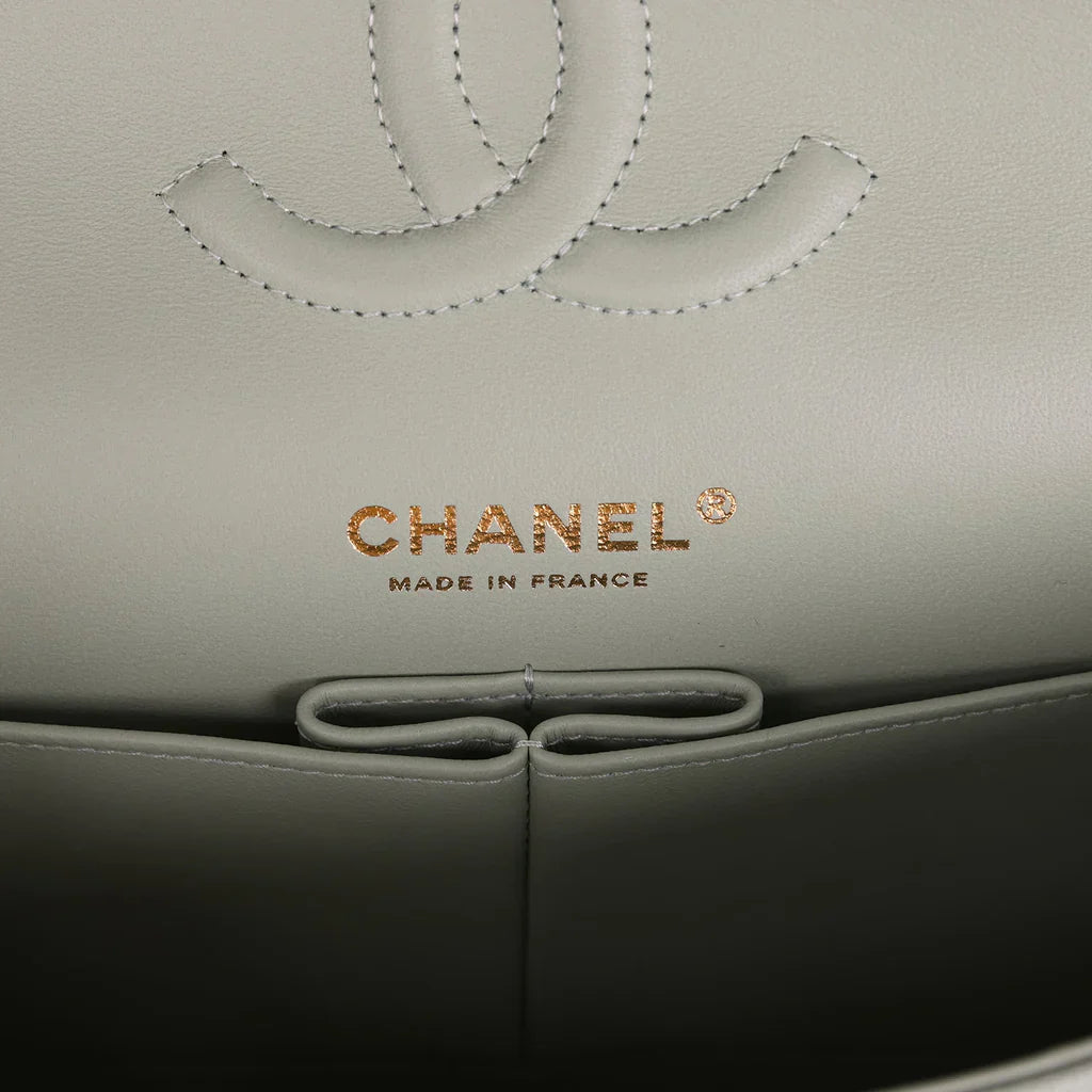 Chanel Medium Classic Double Flap Bag Light Green Caviar Light Gold Hardware