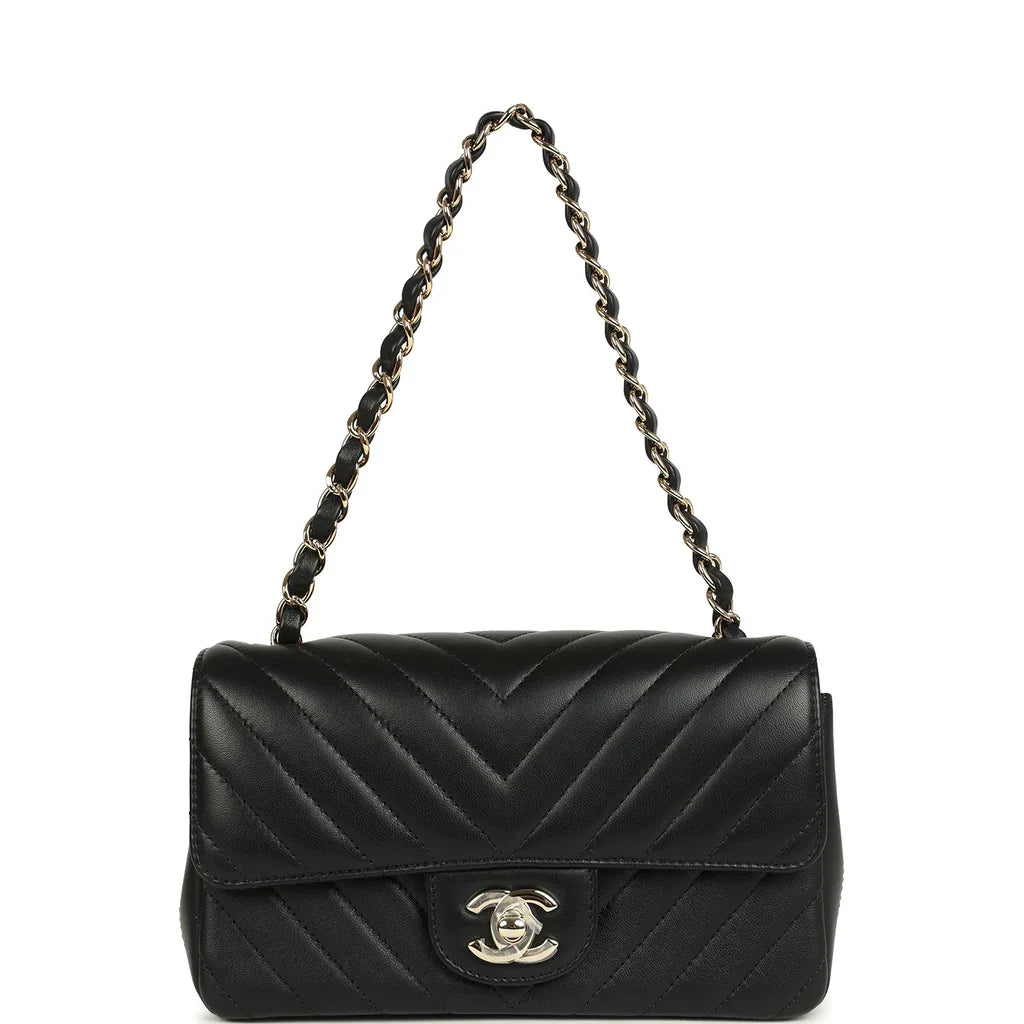 Chanel Mini Chevron Classic Rectangular Flap Bag Black Lambskin Light Gold Hardware