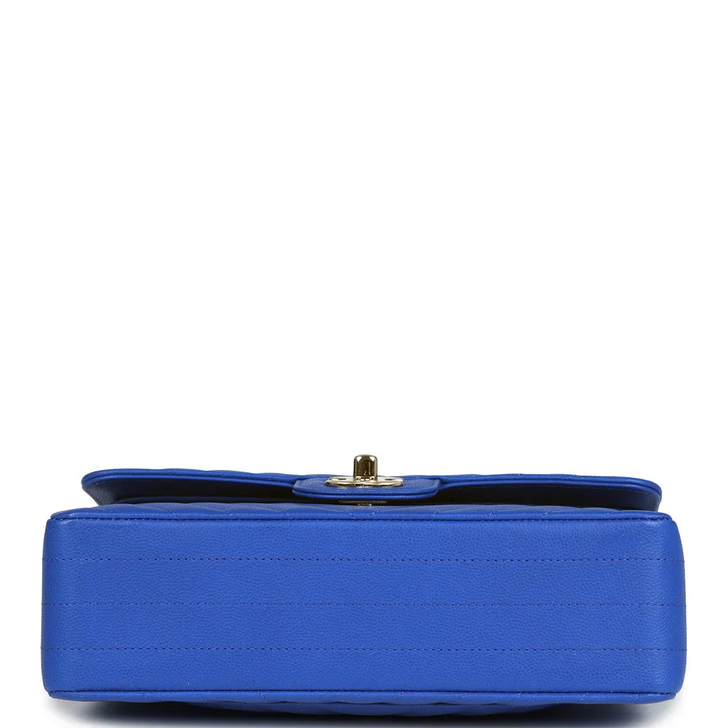 Chanel Small Classic Double Flap Blue Chevron Caviar Light Gold Hardware