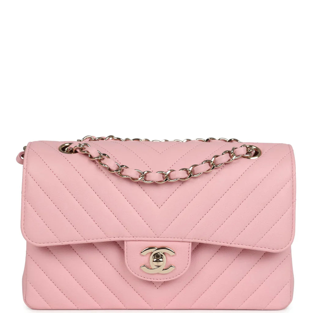 Chanel Small Classic Double Flap Bag Light Pink Chevron Caviar Light Gold Hardware