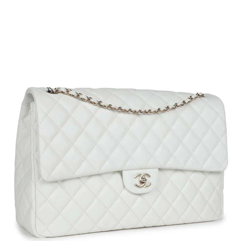 Chanel XXL Classic Single Flap Bag White Shiny Caviar Light Gold Hardware 2025
