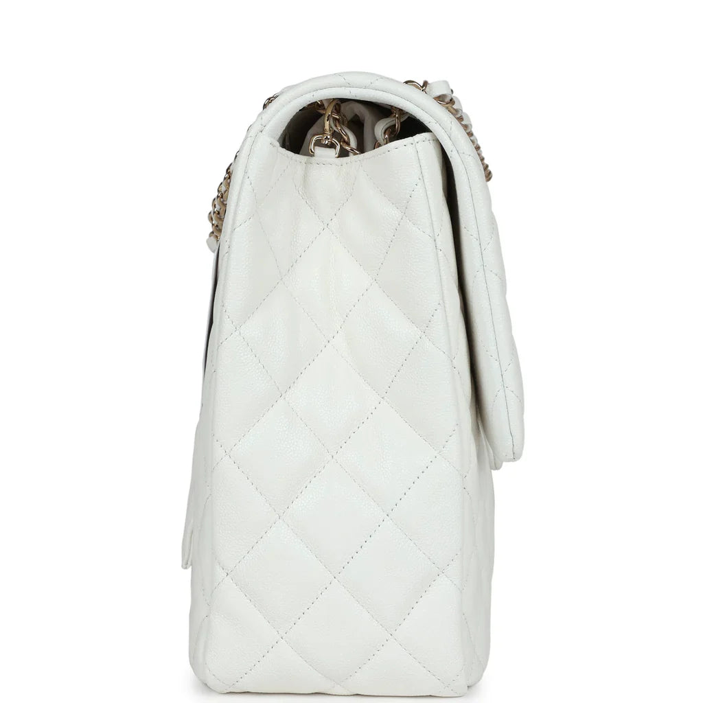 Chanel XXL Classic Single Flap Bag White Shiny Caviar Light Gold Hardware 2025