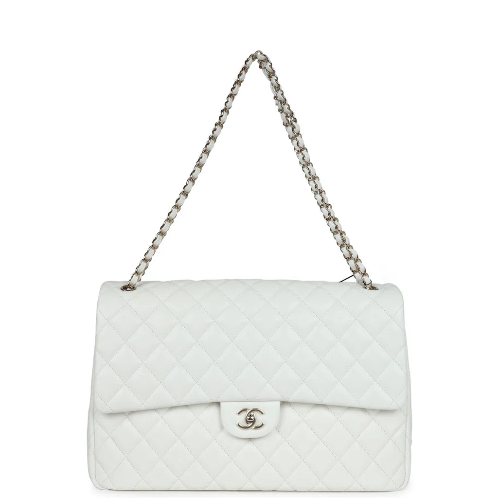 Chanel XXL Classic Single Flap Bag White Shiny Caviar Light Gold Hardware 2025