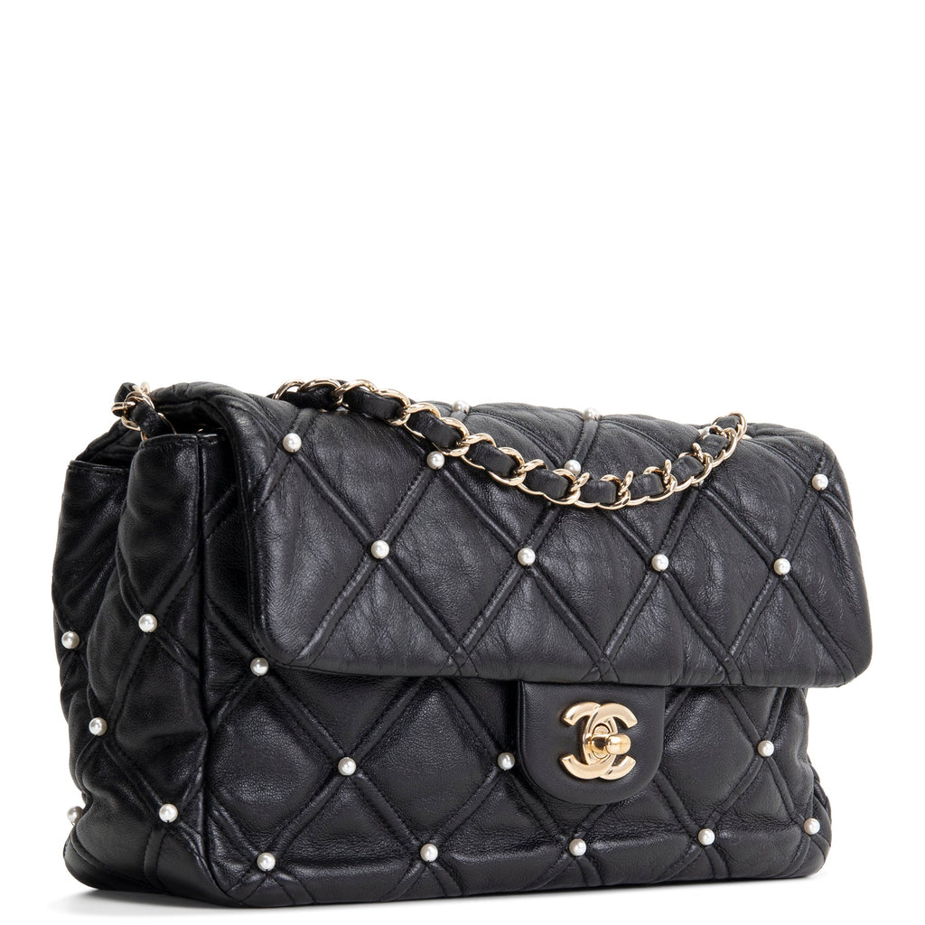 CHANEL CC Flap Pearl Studded Quilted Lambskin - Black