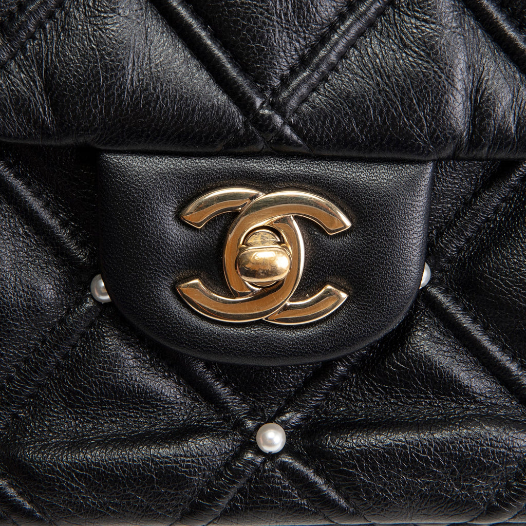 CHANEL CC Flap Pearl Studded Quilted Lambskin - Black