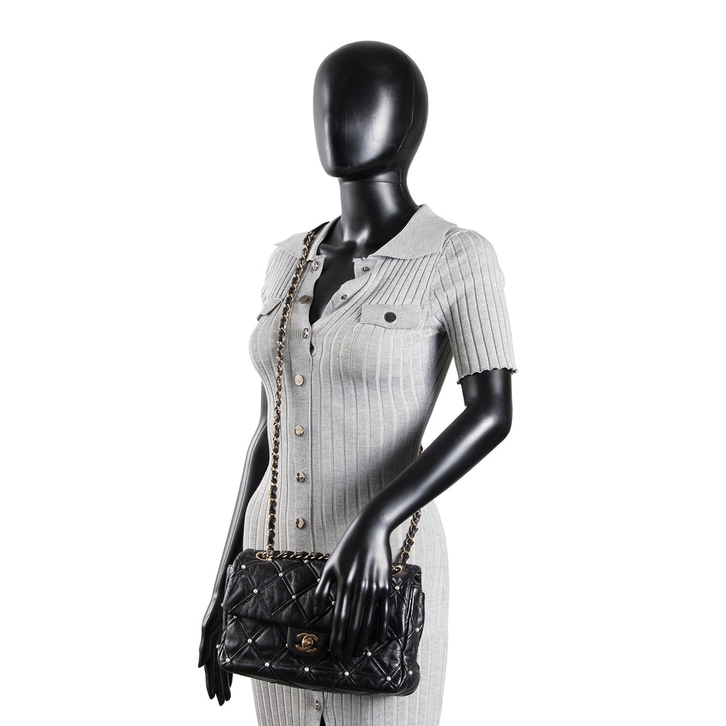 CHANEL CC Flap Pearl Studded Quilted Lambskin - Black