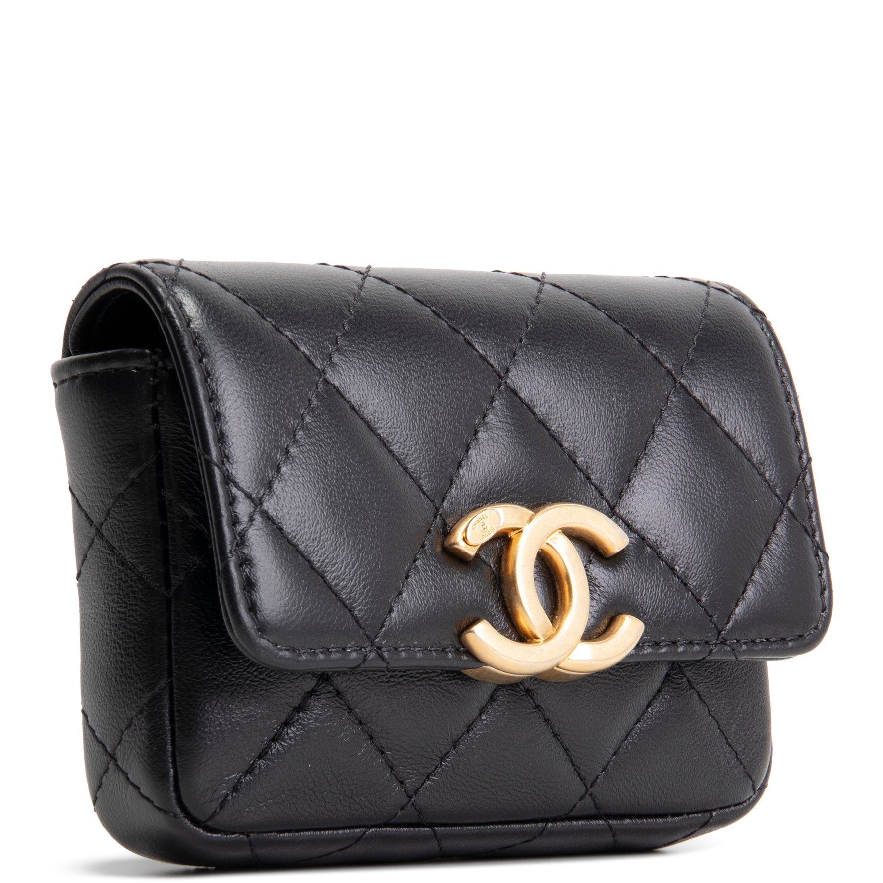 CHANEL CC Flap Card Holder Belt Bag Lacquered Metal w/ Quilted Lambskin