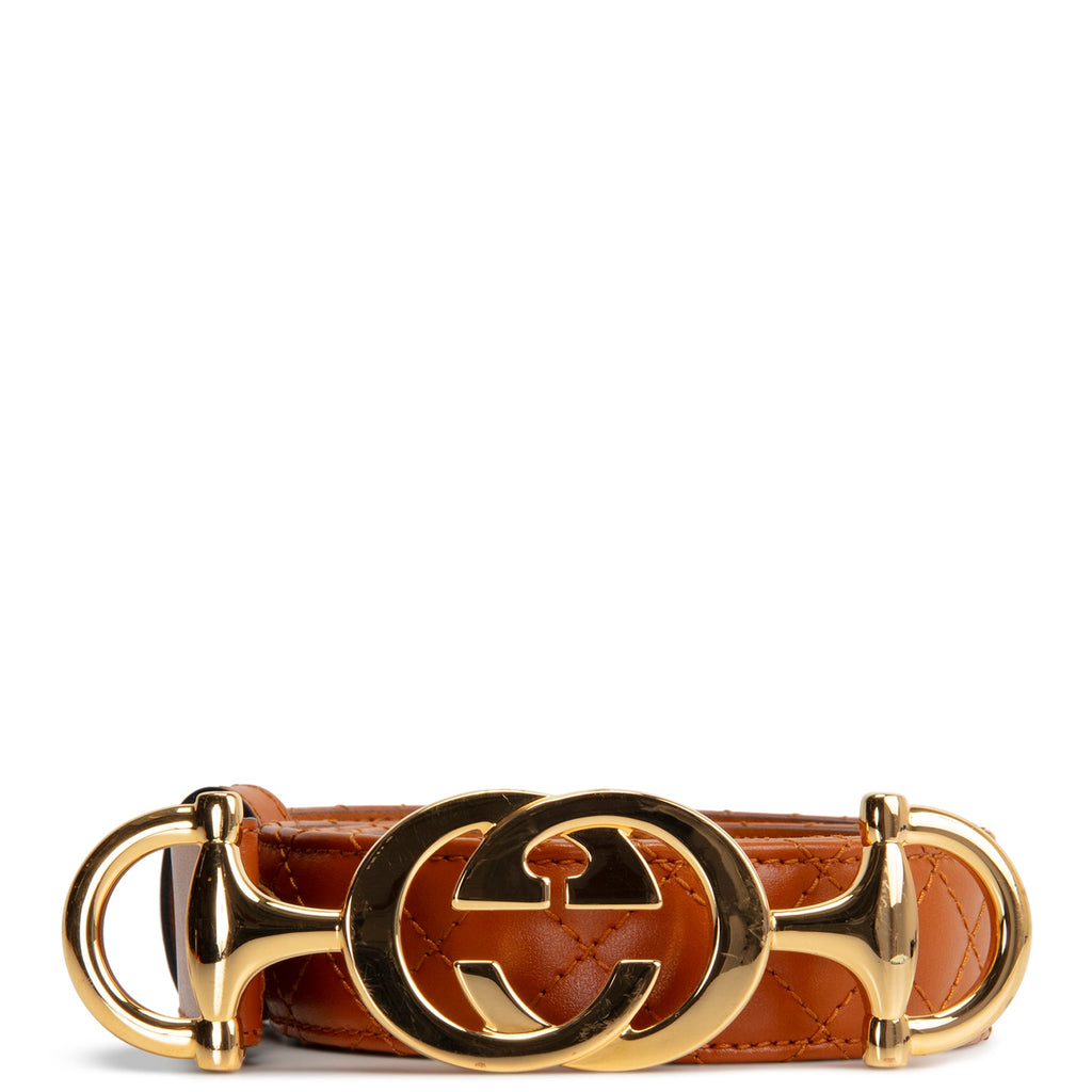 GUCCI Leather Quilted Interlocking GG Horsebit Zumi Belt - Cognac