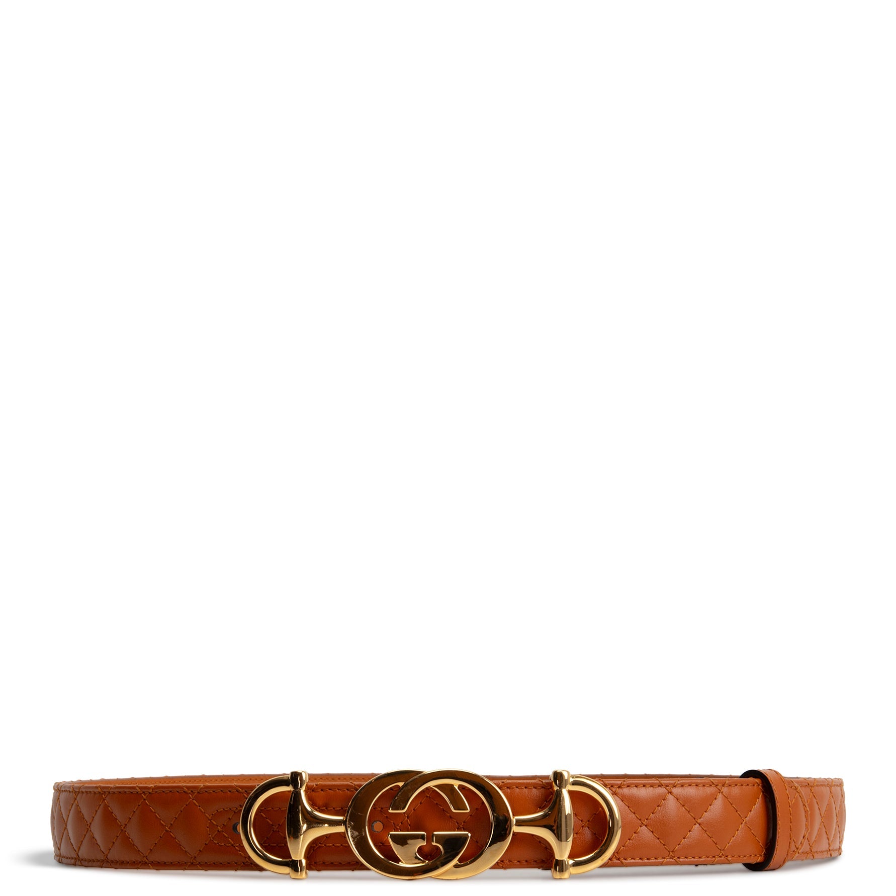 GUCCI Leather Quilted Interlocking GG Horsebit Zumi Belt - Cognac