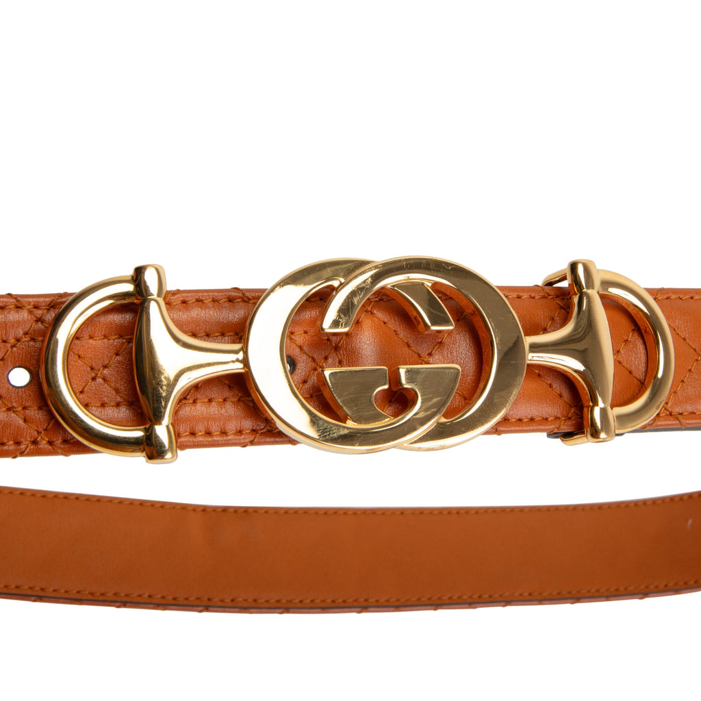 GUCCI Leather Quilted Interlocking GG Horsebit Zumi Belt - Cognac