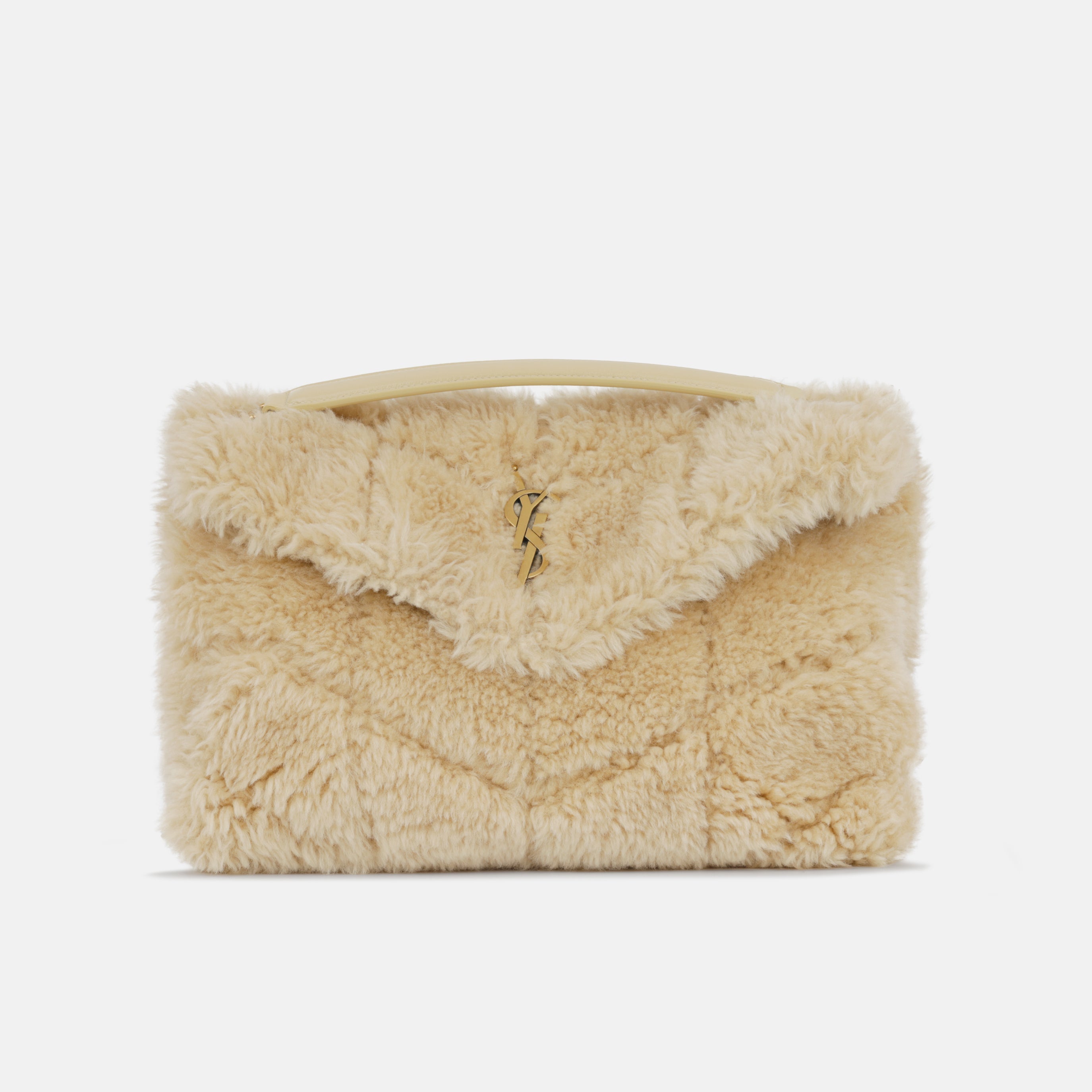 Saint Luarent Medium Lou Puffer - Beige Shearling | Gold Hardware