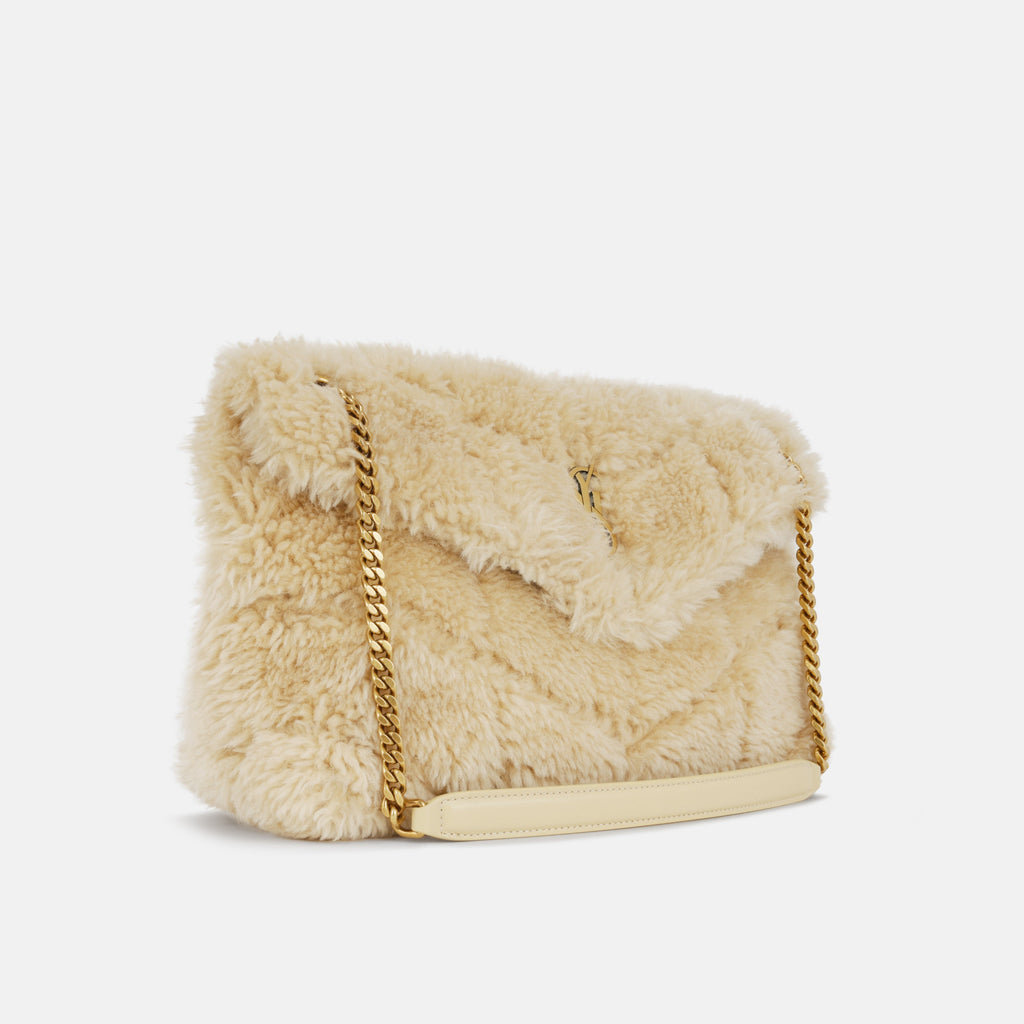 Saint Luarent Medium Lou Puffer - Beige Shearling | Gold Hardware