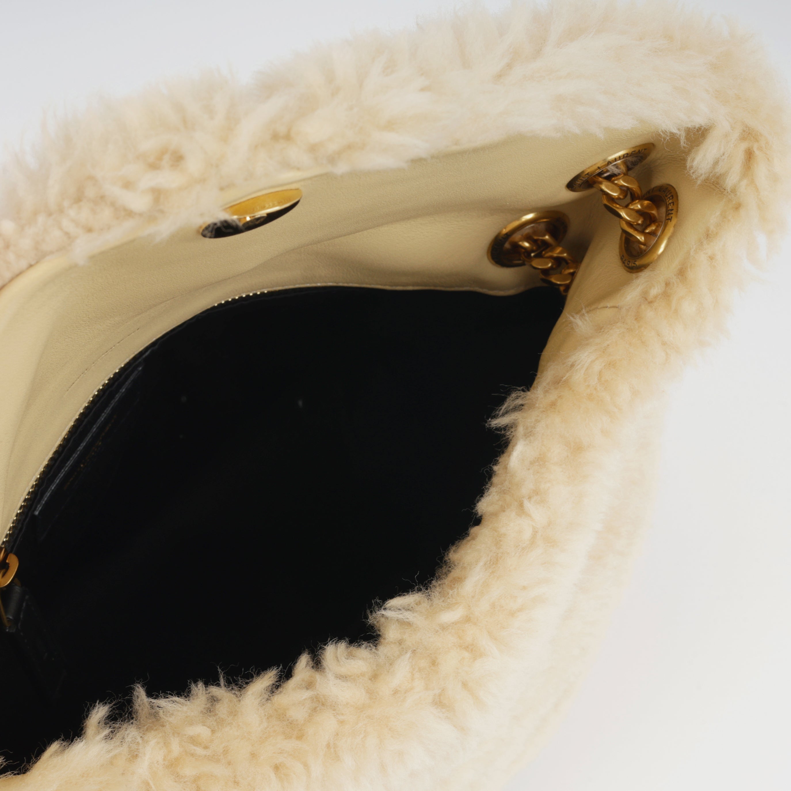 Saint Luarent Medium Lou Puffer - Beige Shearling | Gold Hardware