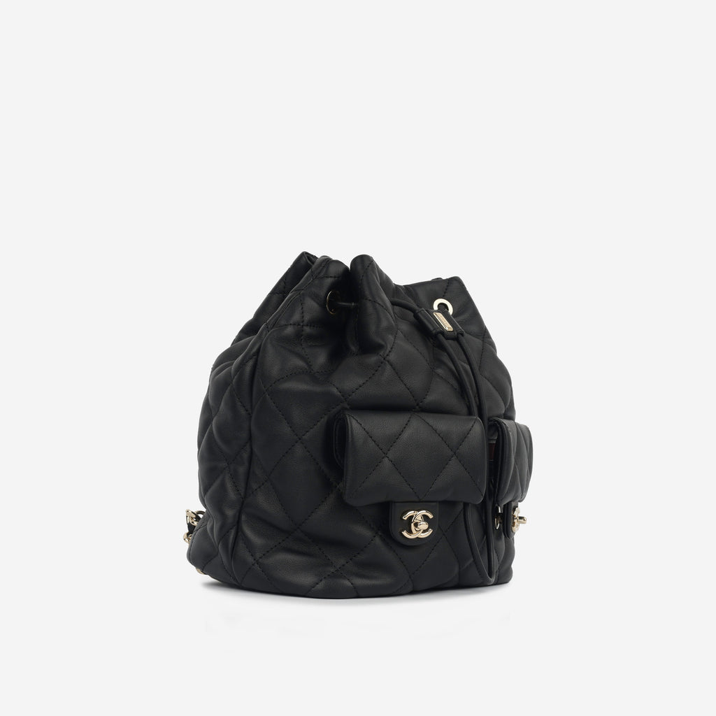 Chanel Small Duma Bucket Backpack - Black Lambskin | Champagne Gold Hardware