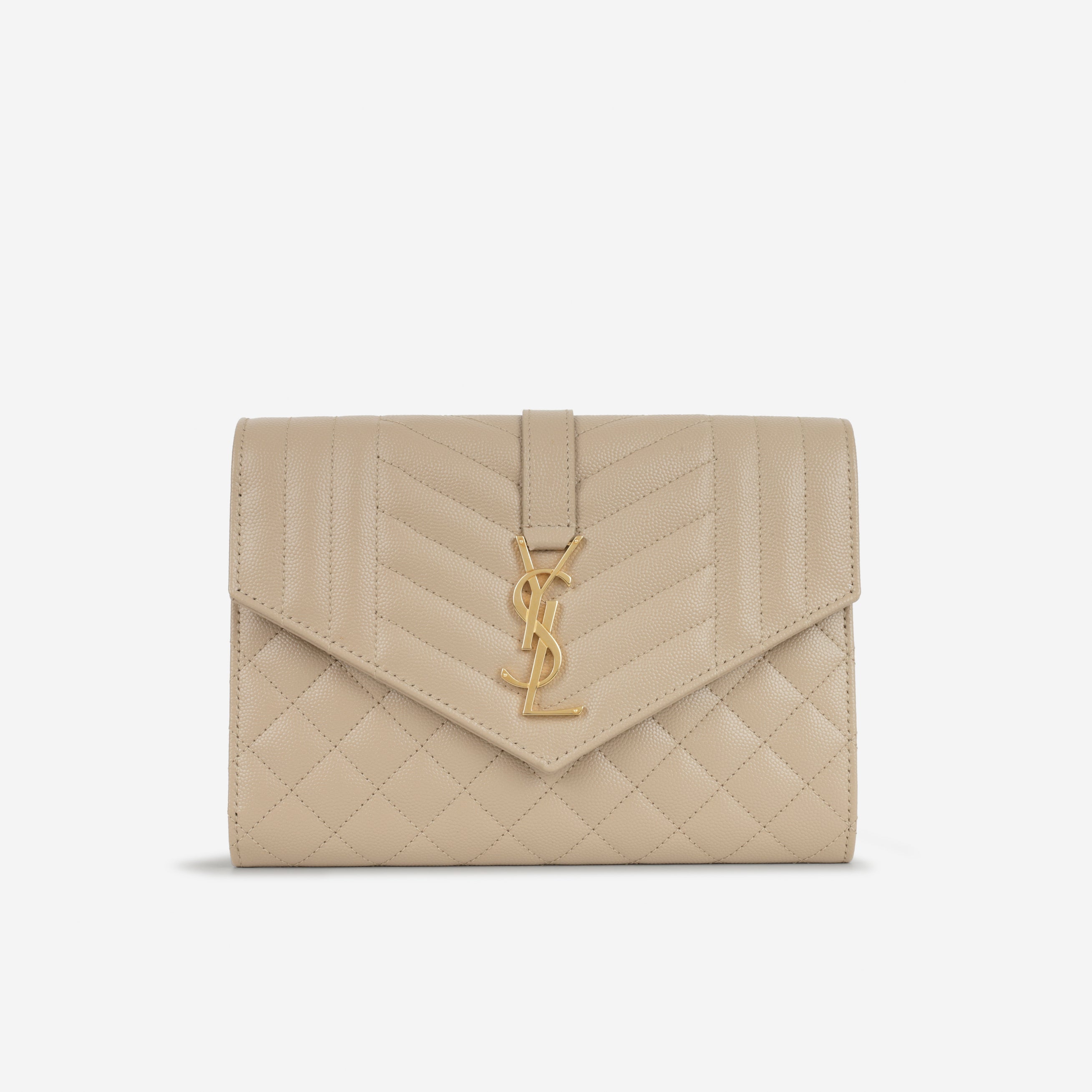Saint Laurent  Envelope Quilted Clutch - Beige Grained Calfskin | Gold Hardware
