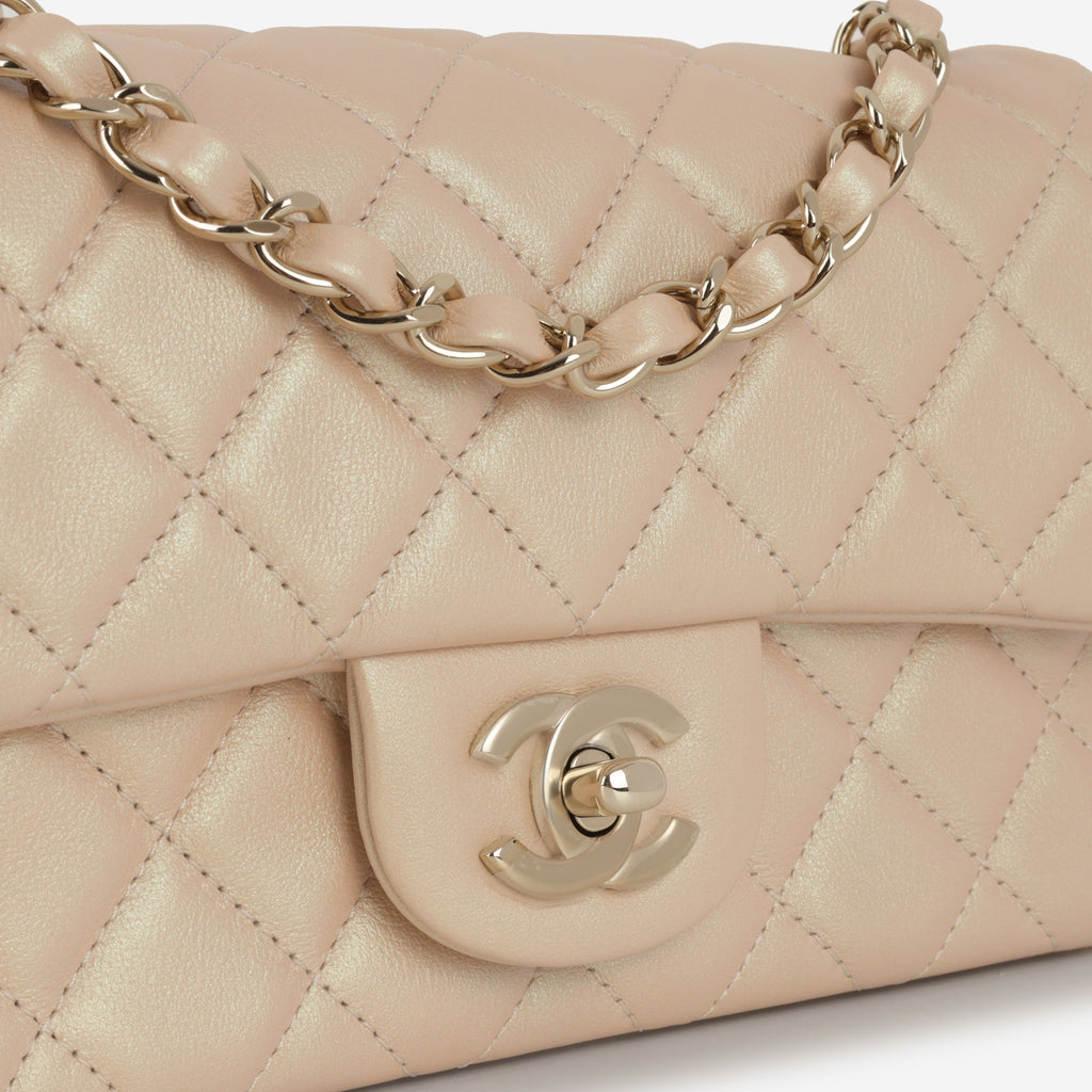 Chanel Mini Rectangular - Pearlescent Beige Lambskin | Champagne Gold Hardware