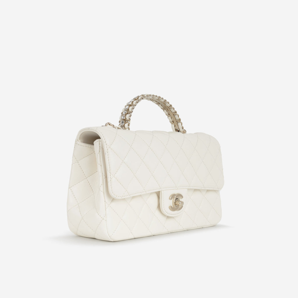 Chanel Mini Top Handle Flap with Strass - Ivory Lambskin  | Champagne Gold Hardware