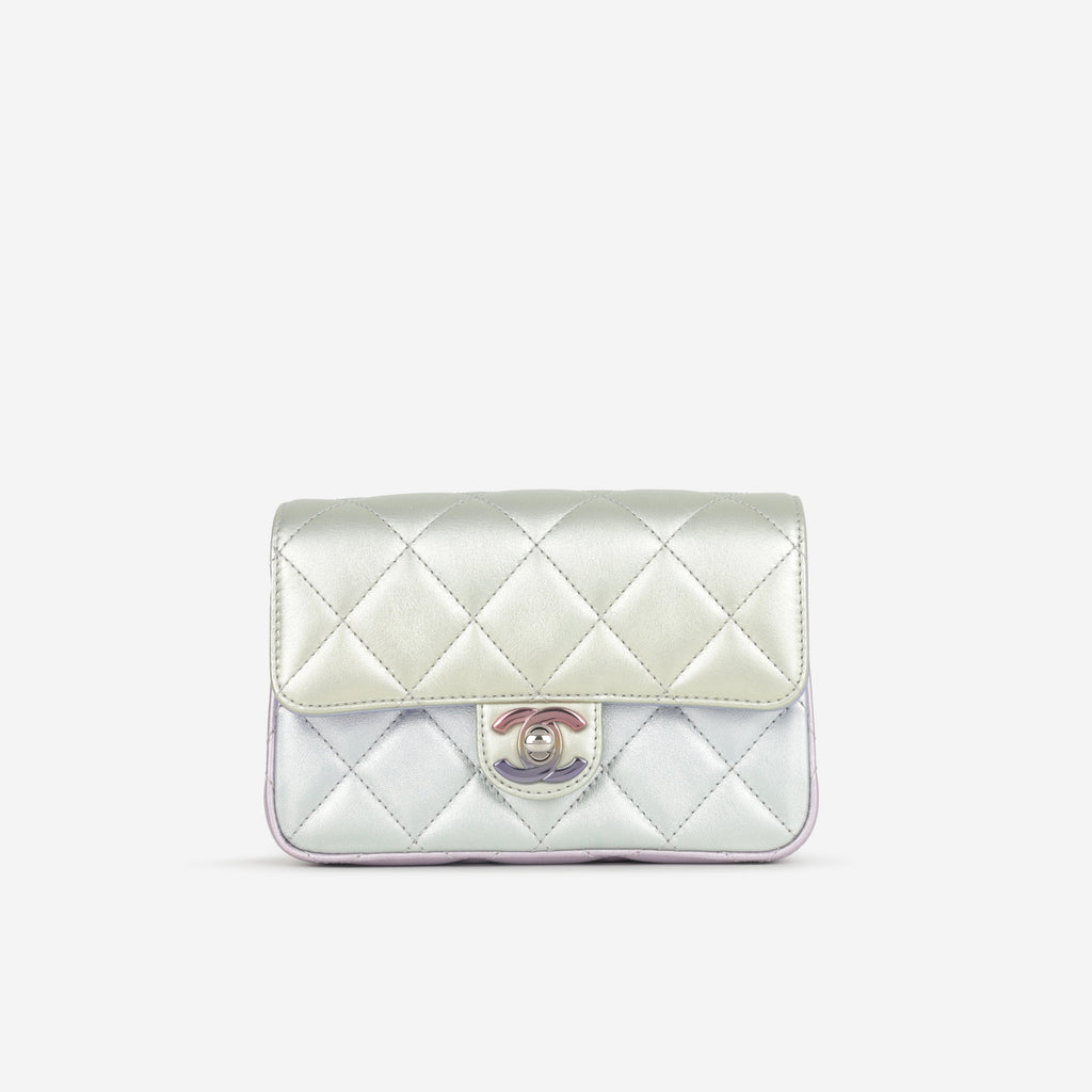 Chanel Classic Mini Wristlet Clutch - Iridescent Rainbow Calfskin | Silver Hardware