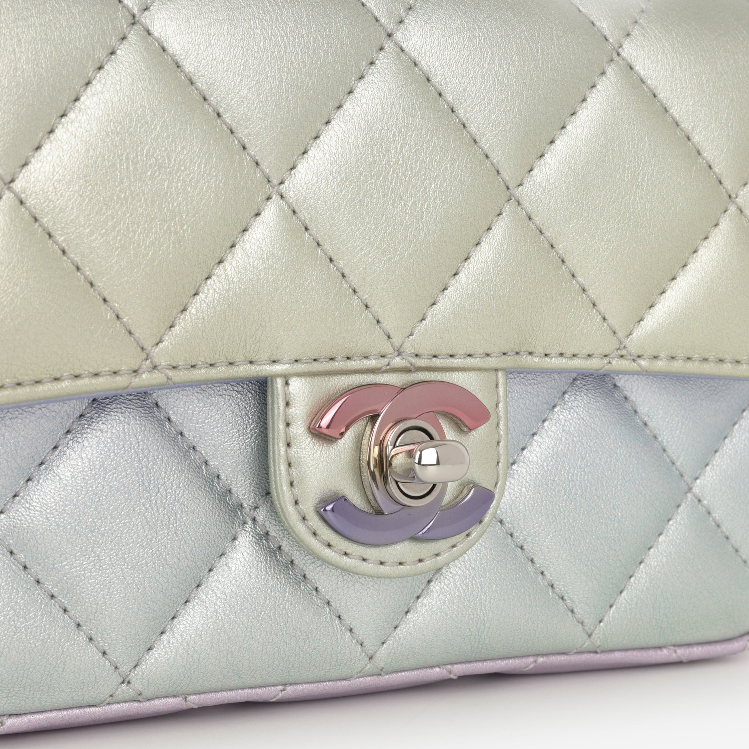 Chanel Classic Mini Wristlet Clutch - Iridescent Rainbow Calfskin | Silver Hardware
