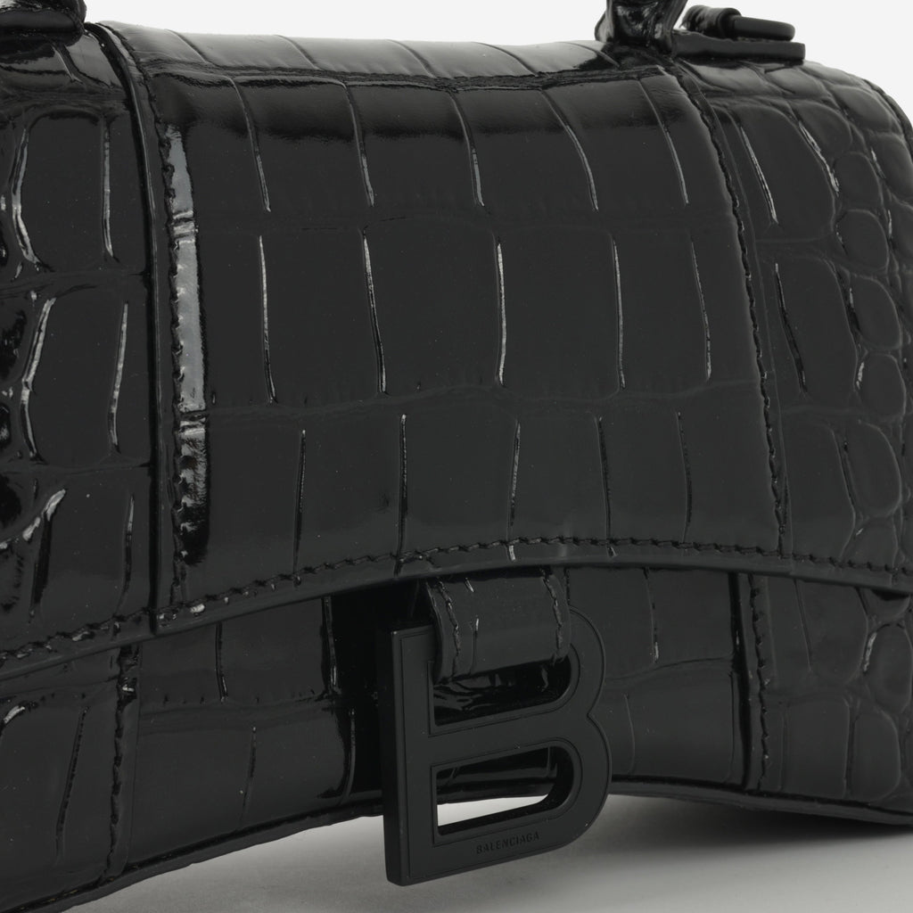Balenciaga XS Hourglass - Black Croc Embossed Calfskin | Black Hardware