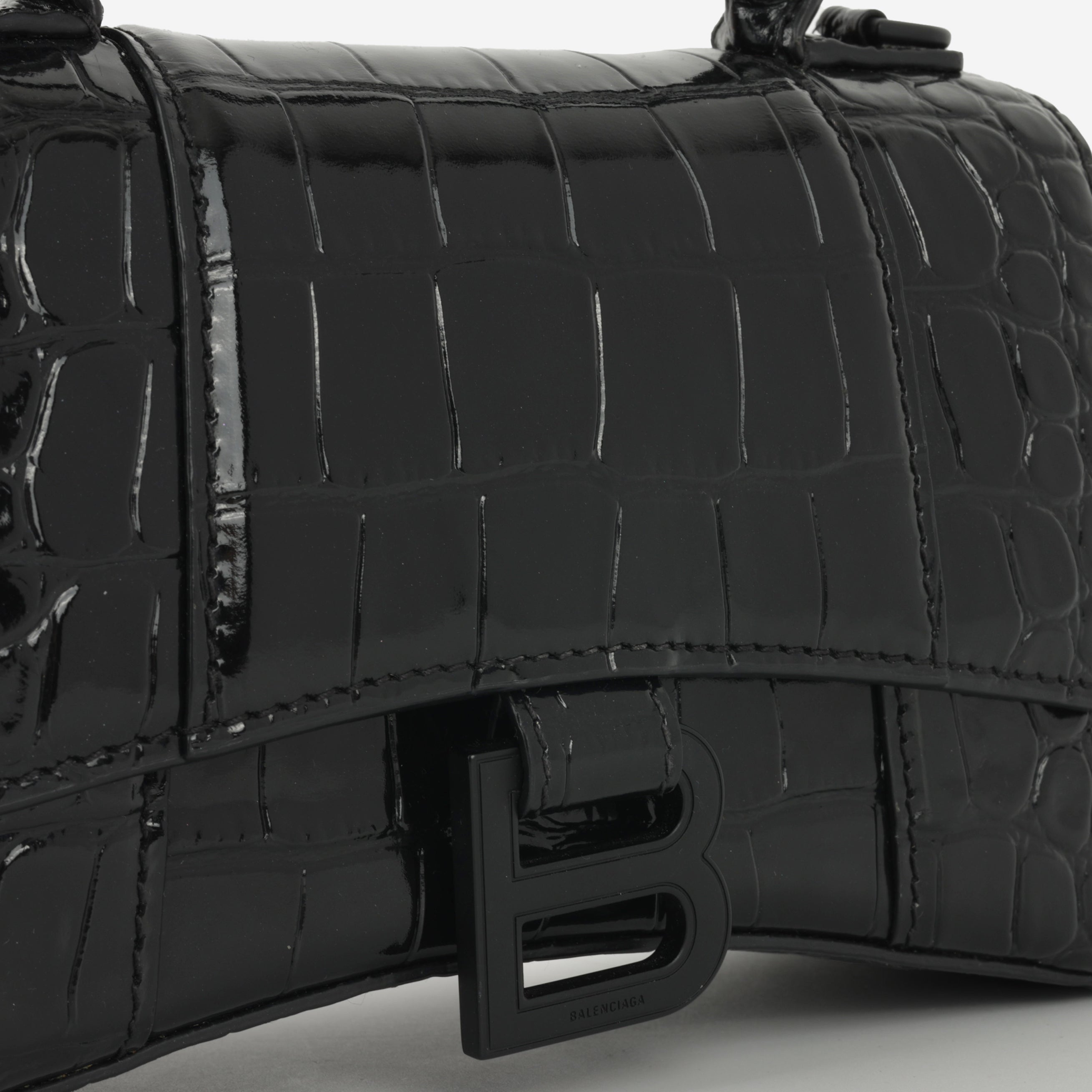 Balenciaga XS Hourglass - Black Croc Embossed Calfskin | Black Hardware