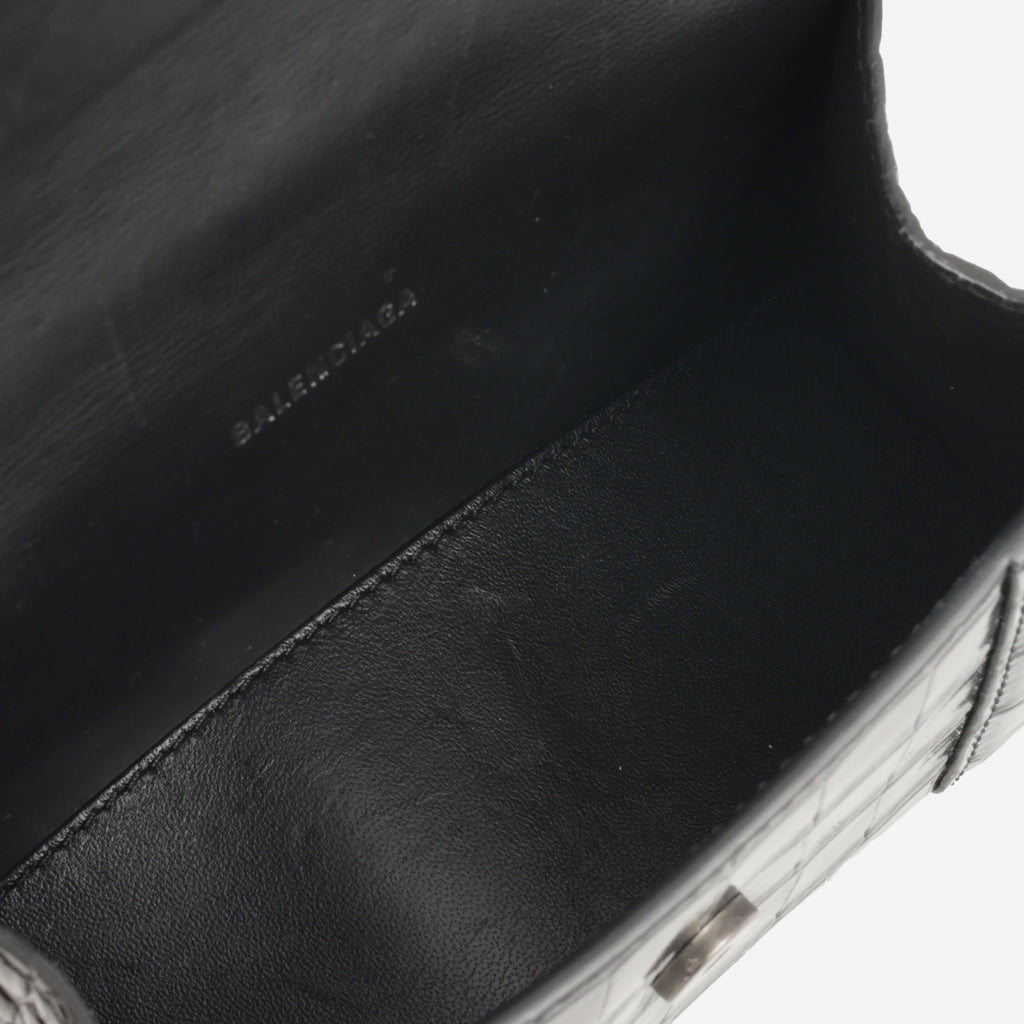 Balenciaga XS Hourglass - Black Croc Embossed Calfskin | Black Hardware