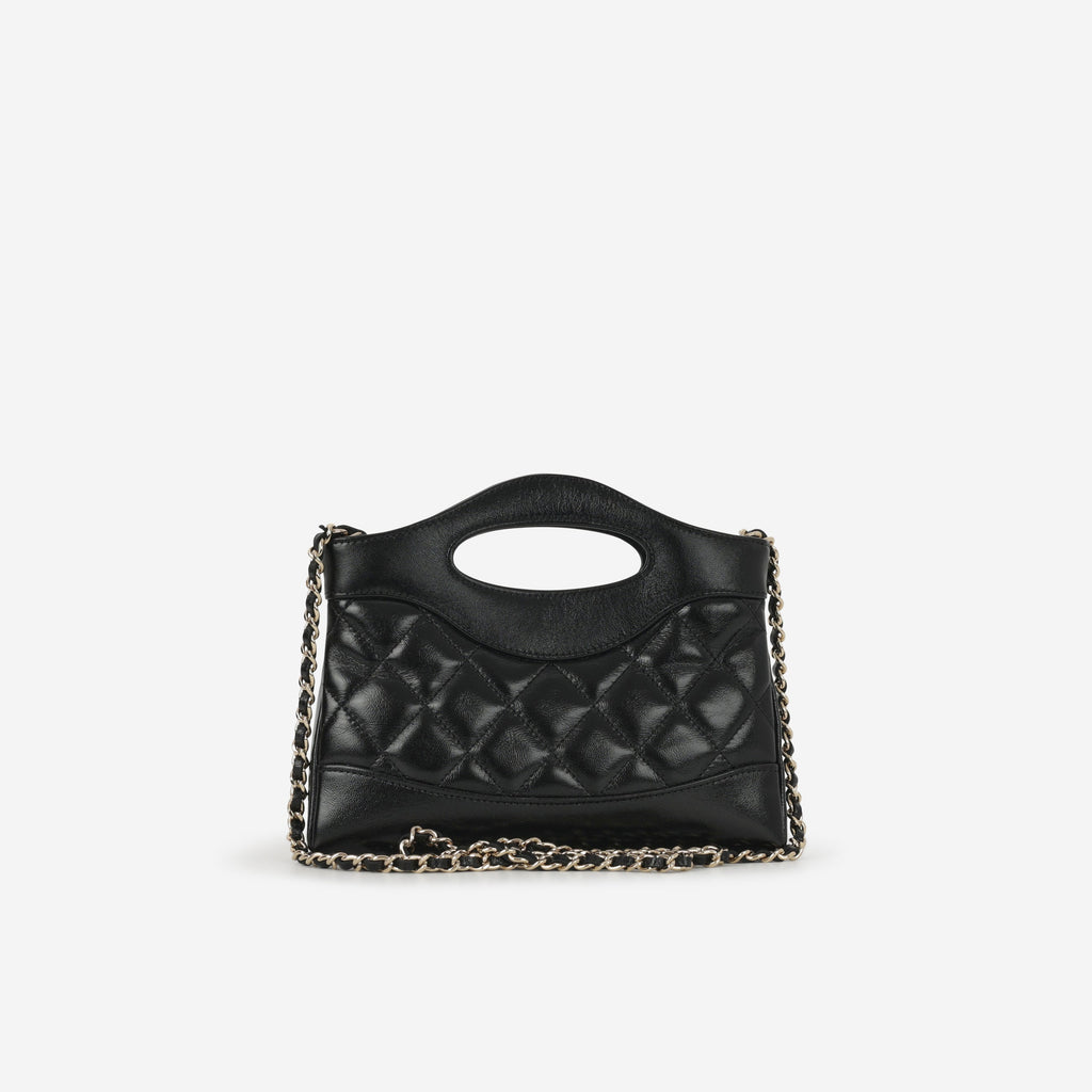 Nano 31 Clutch on Chain - Black Glazed Calfskin | Champagne Gold Hardware