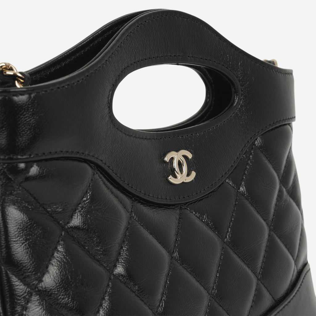Nano 31 Clutch on Chain - Black Glazed Calfskin | Champagne Gold Hardware
