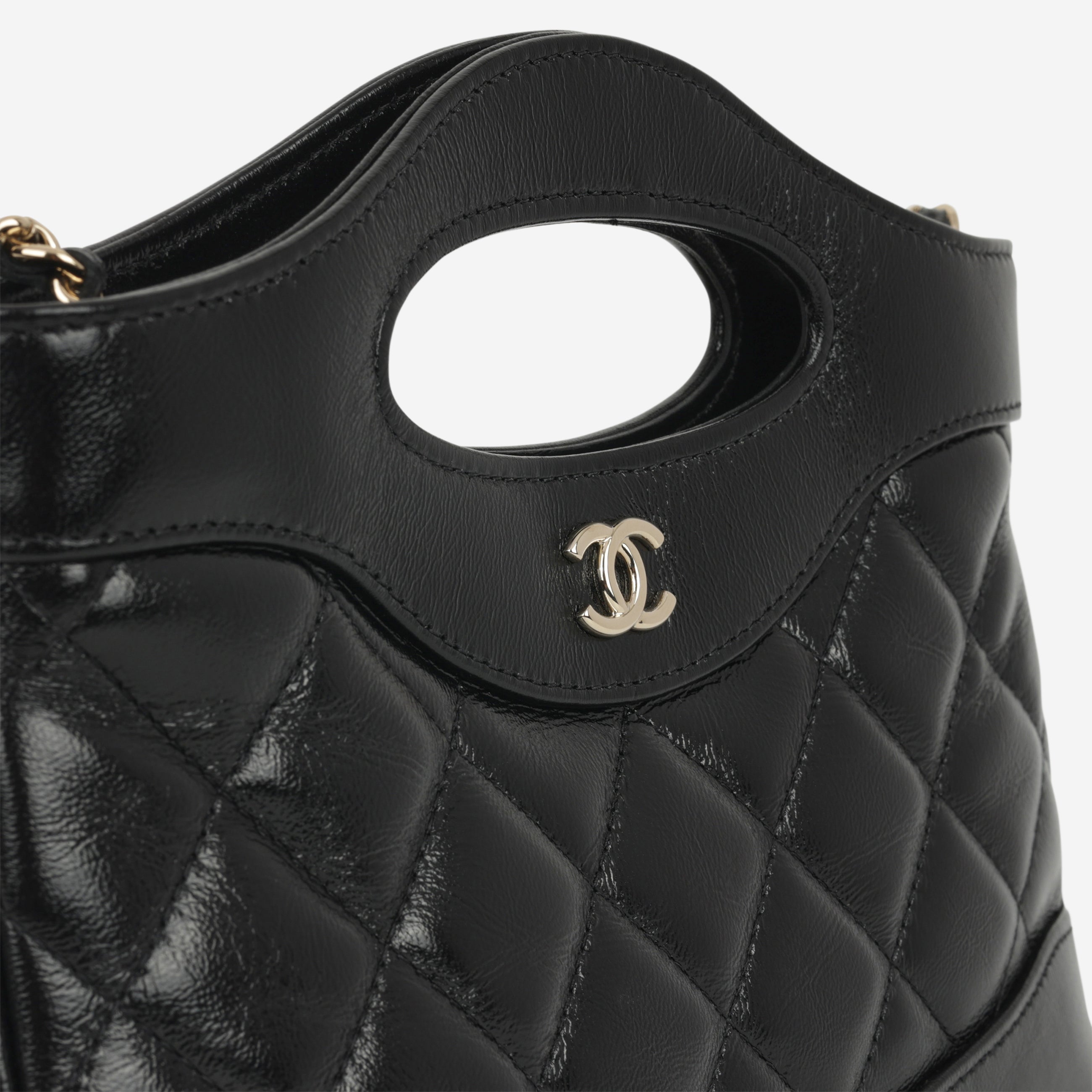 Nano 31 Clutch on Chain - Black Glazed Calfskin | Champagne Gold Hardware