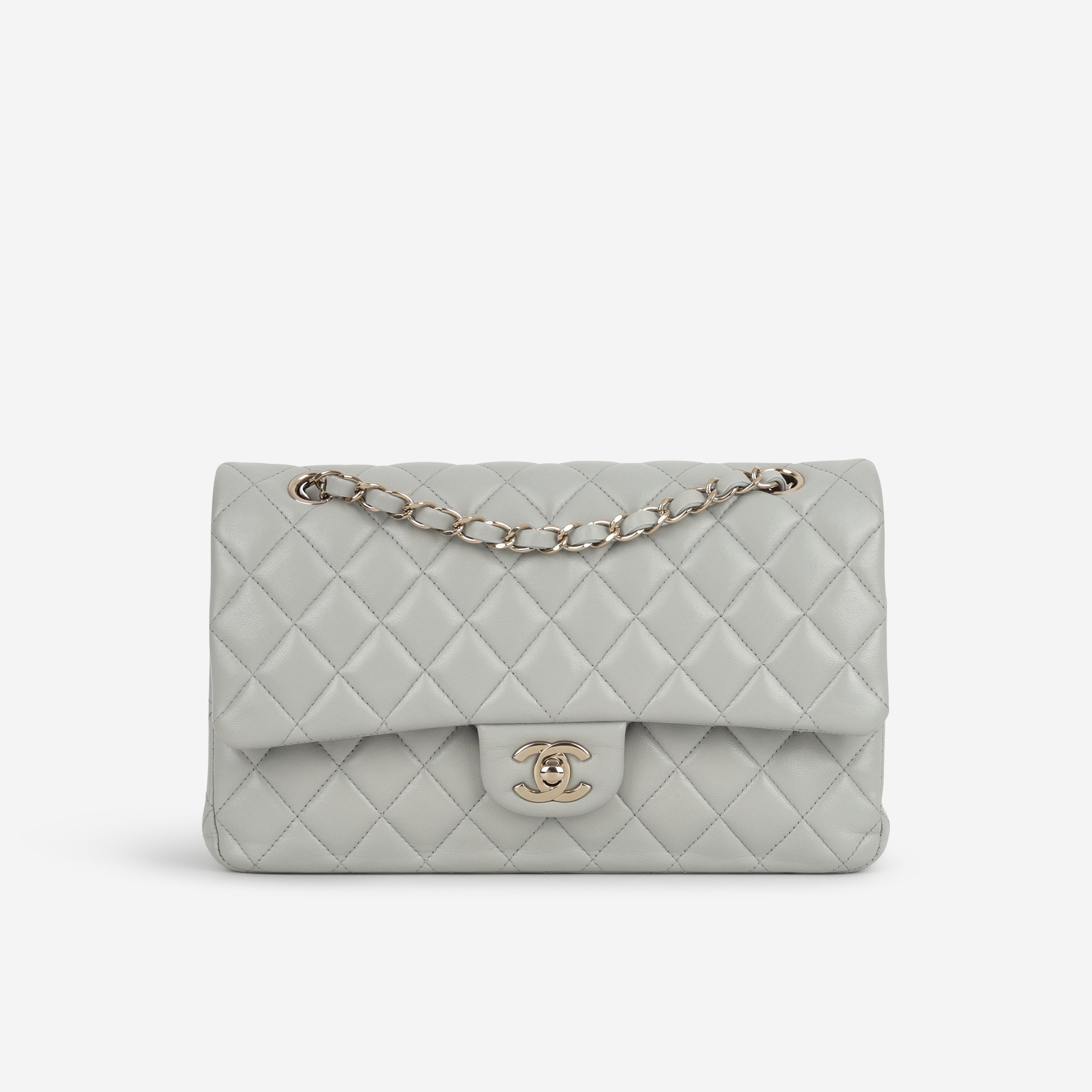 Chanel Medium Classic Flap - Light Grey Lambskin | Champagne Gold Hardware
