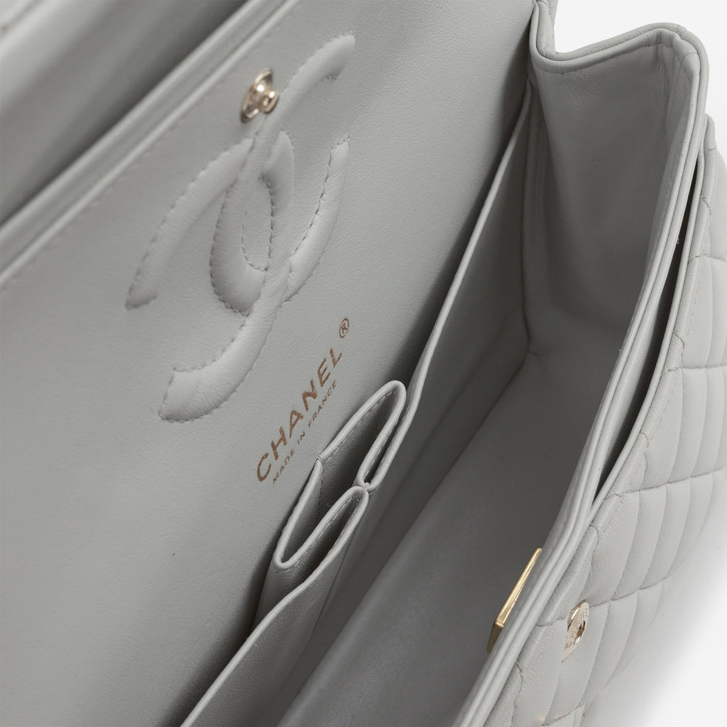 Chanel Medium Classic Flap - Light Grey Lambskin | Champagne Gold Hardware