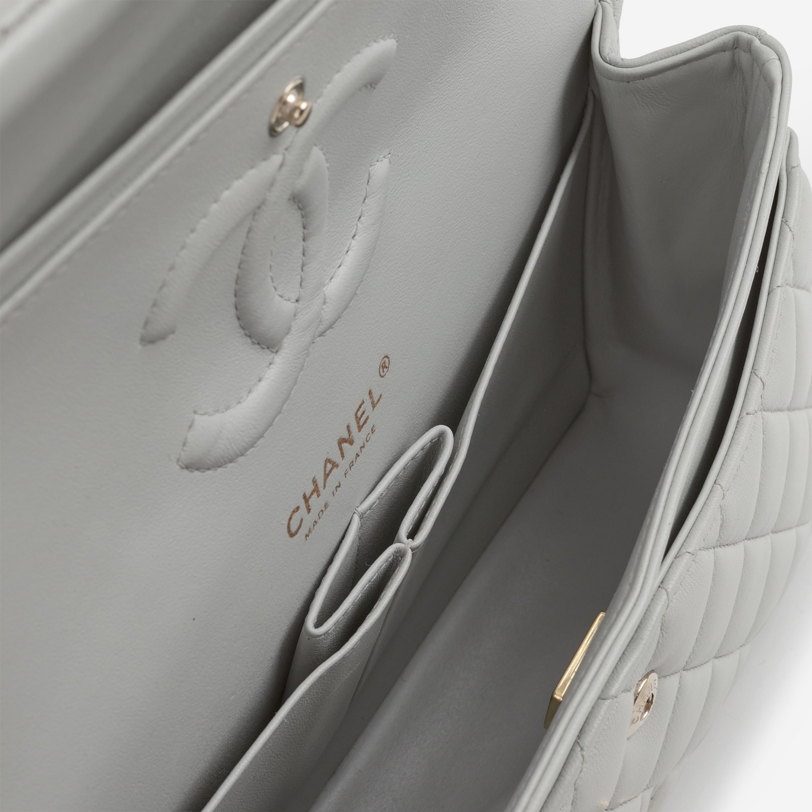 Chanel Medium Classic Flap - Light Grey Lambskin | Champagne Gold Hardware